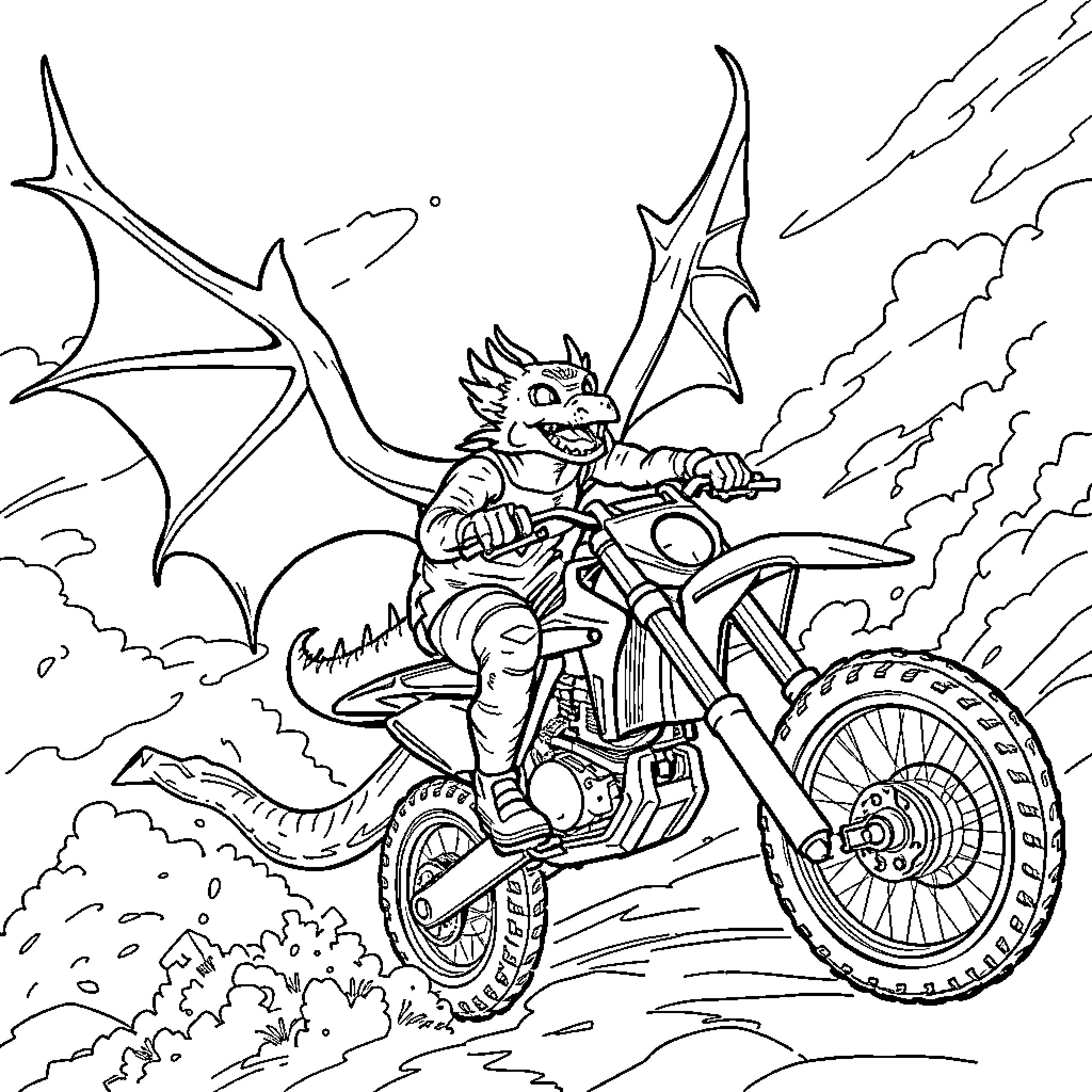 Dragon Rider Zooming on Motorcycle Through Forest Coloring Page (free black-and-white line drawing printable PDF for all, from beginners to advanced learners, including children, teens, adults, and seniors)