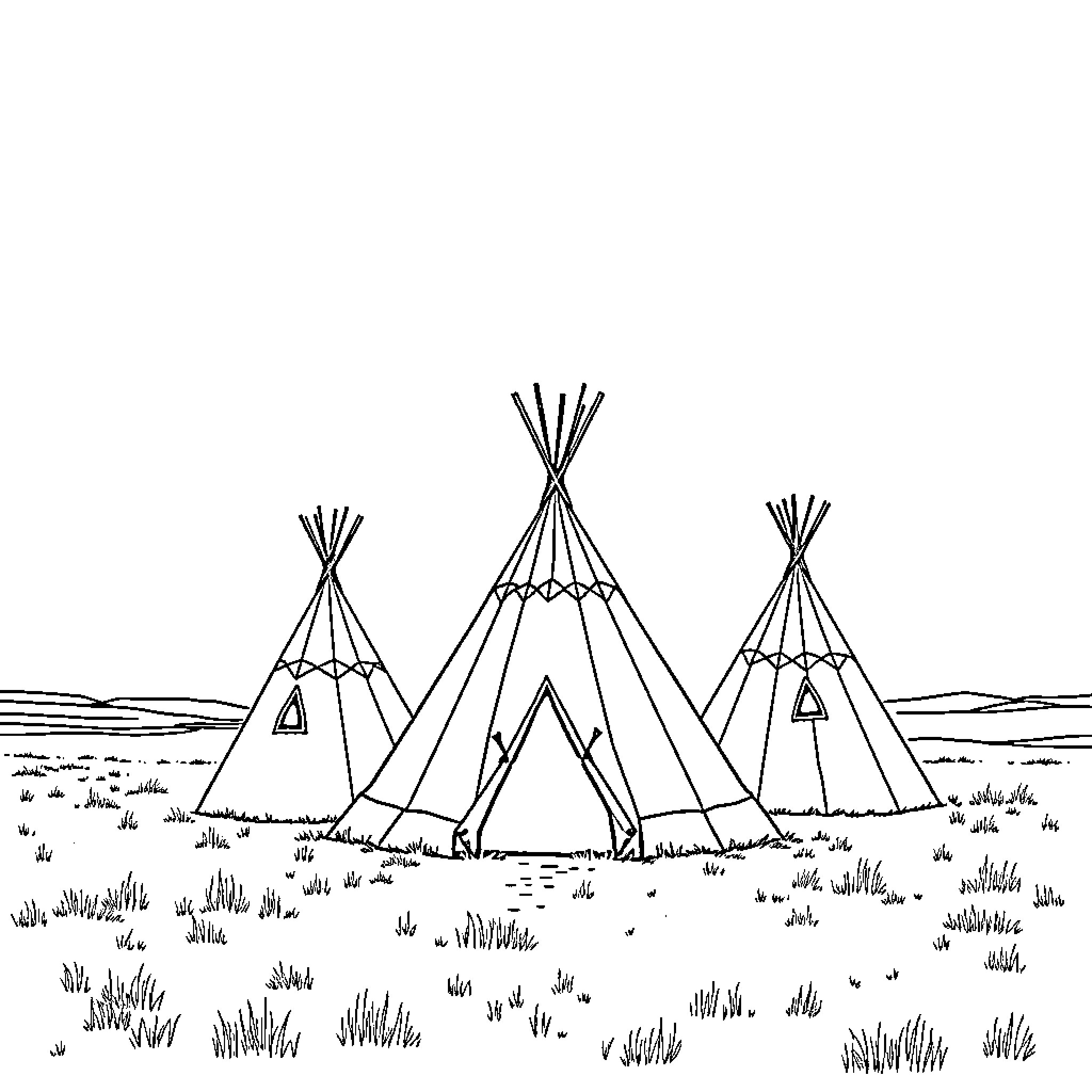 Tipi tents in the wilderness landscape Coloring Page (free black-and-white line drawing printable PDF for all, from beginners to advanced learners, including children, teens, adults, and seniors)
