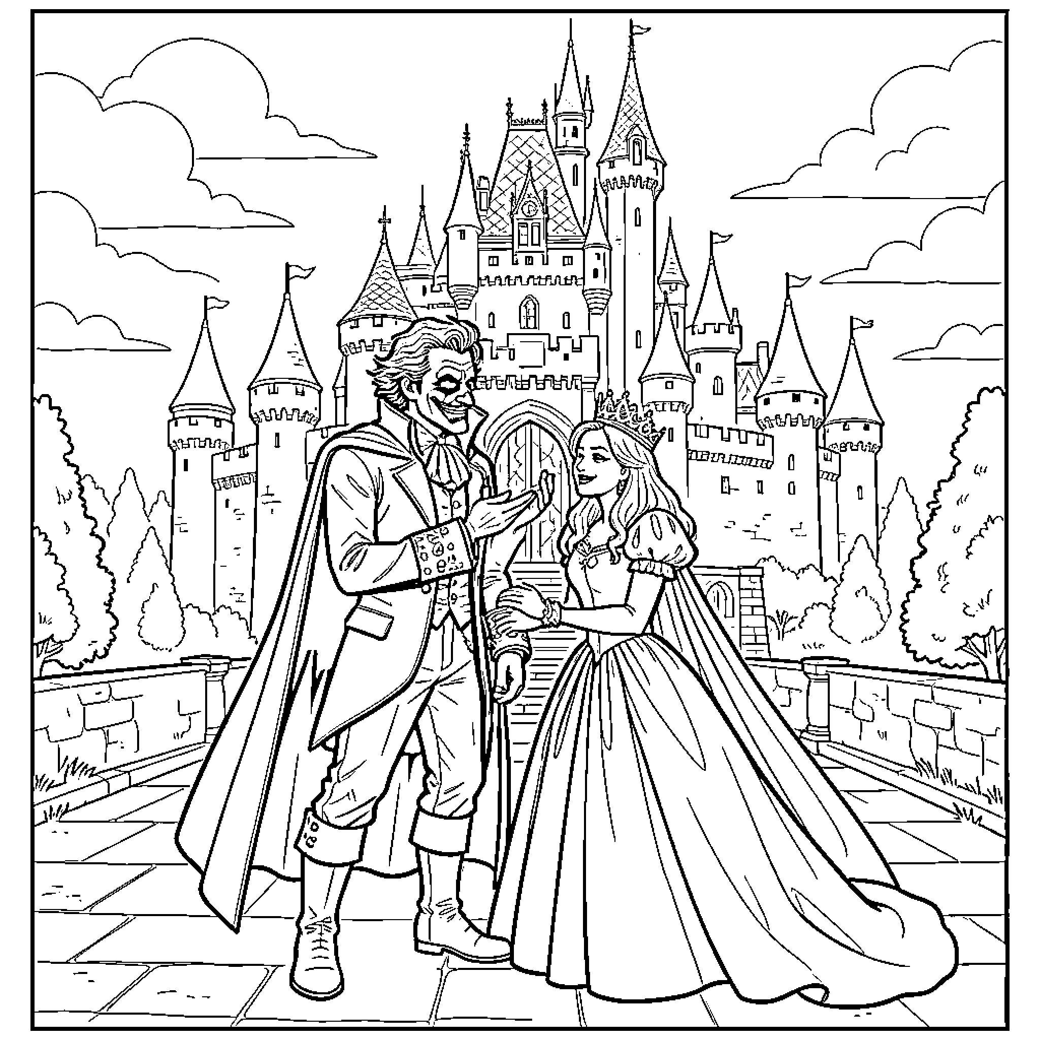 Joker interacting with a princess in front of a castle Coloring Page (free black-and-white line drawing printable PDF for all, from beginners to advanced learners, including children, teens, adults, and seniors)