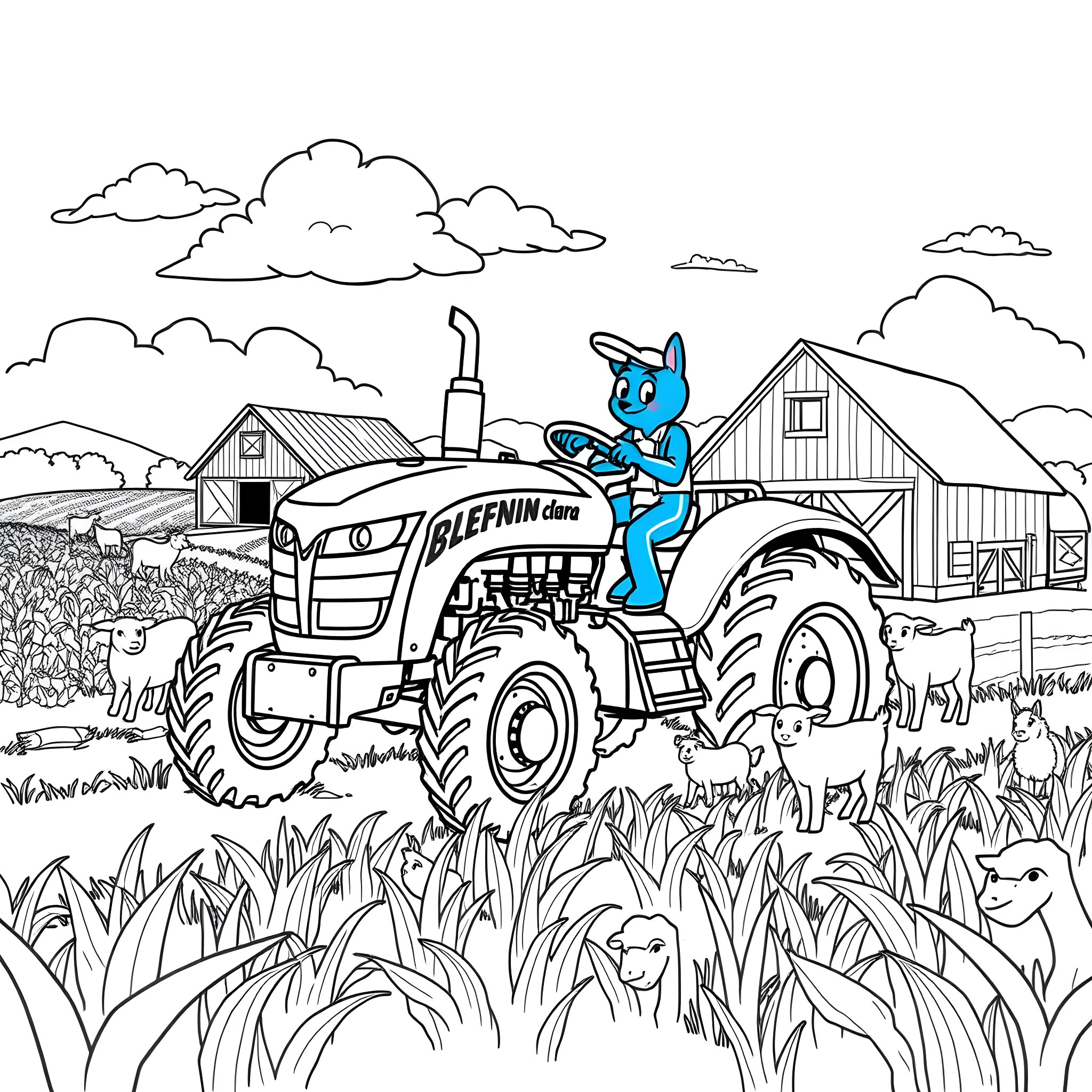 Bluey driving a tractor on the farm Coloring Page (free black-and-white line drawing printable PDF for all, from beginners to advanced learners, including children, teens, adults, and seniors)