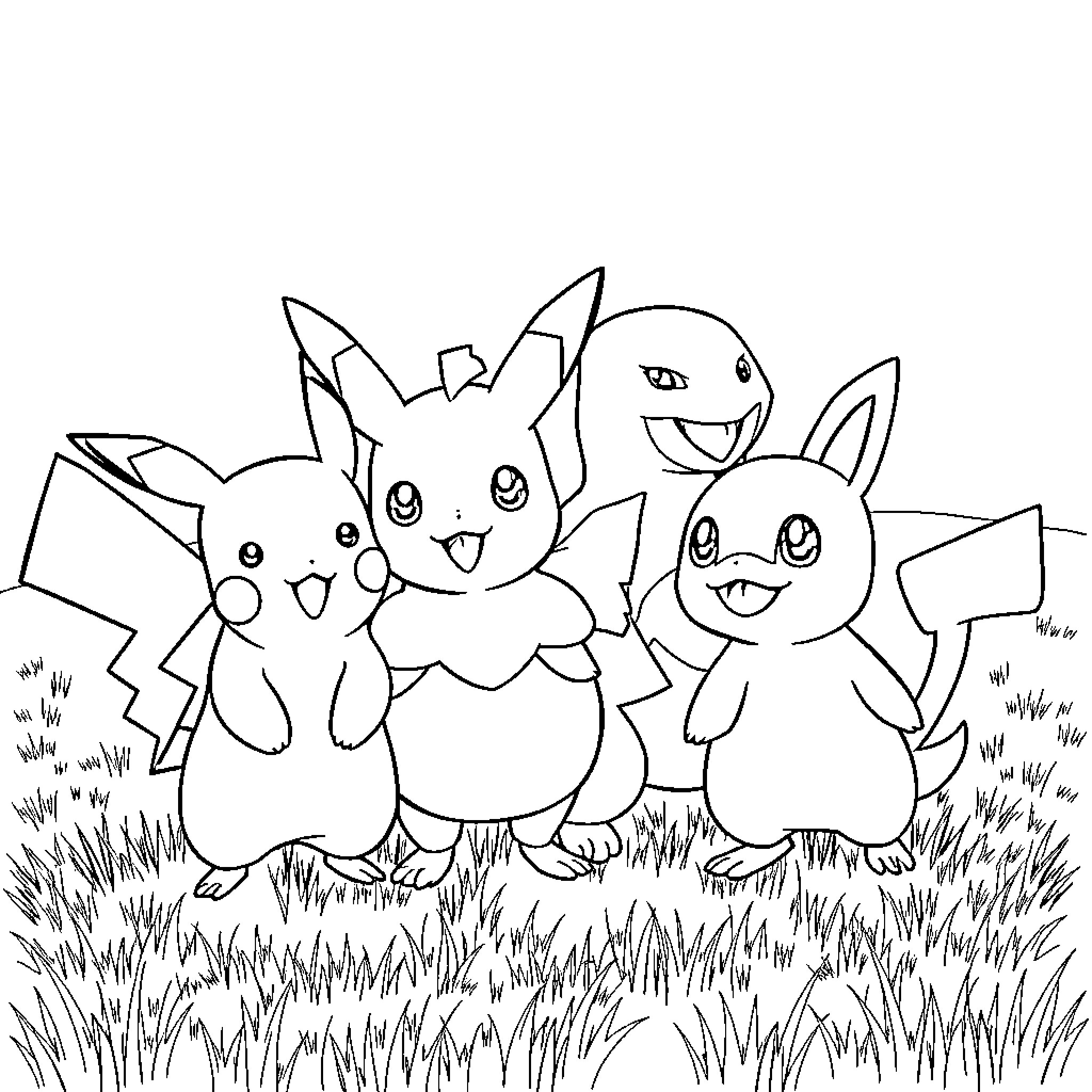 Pokémon characters smiling and posing together in a field Coloring Page (free black-and-white line drawing printable PDF for all, from beginners to advanced learners, including children, teens, adults, and seniors)