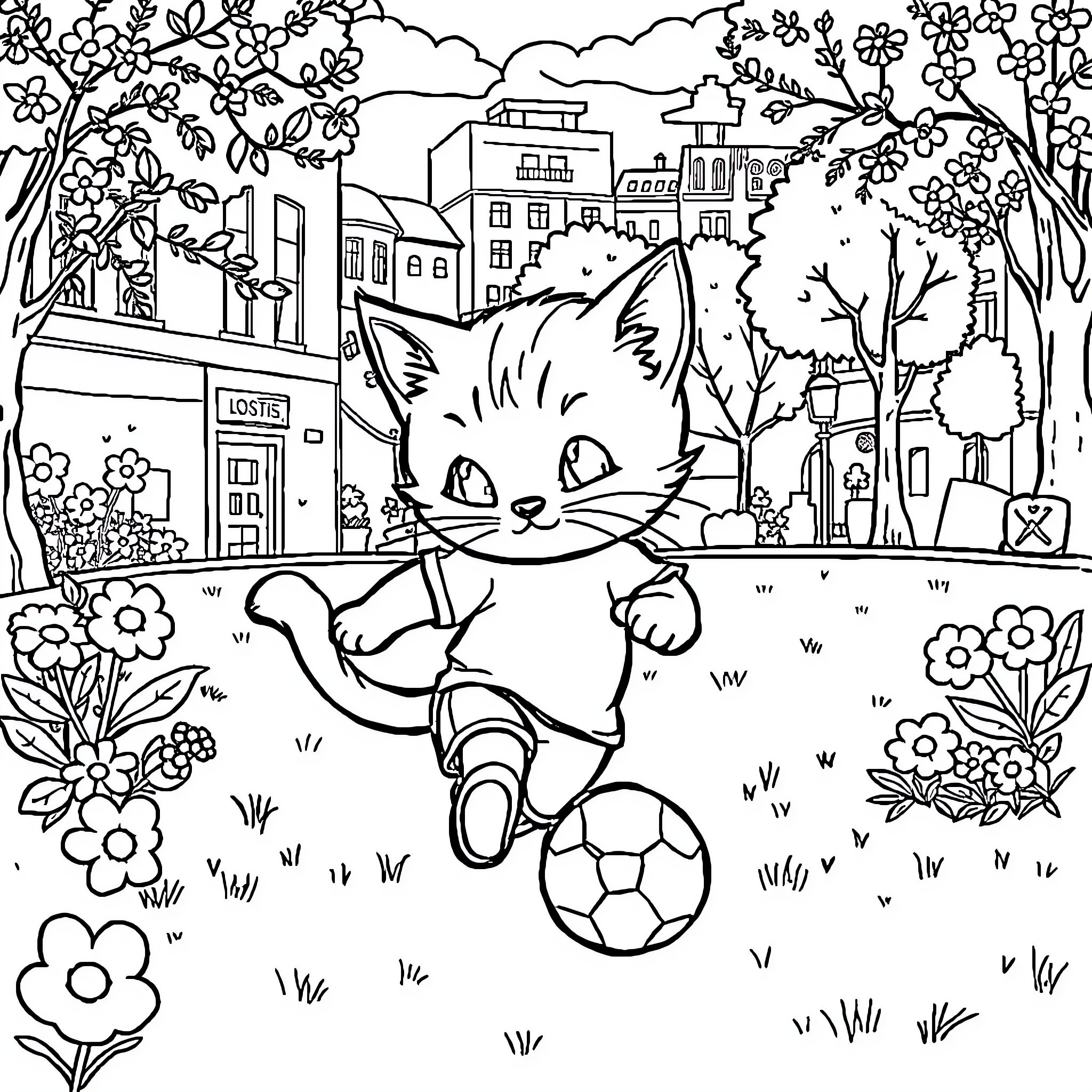 Cat playing with soccer ball in a floral city scene Coloring Page (free black-and-white line drawing printable PDF for all, from beginners to advanced learners, including children, teens, adults, and seniors)