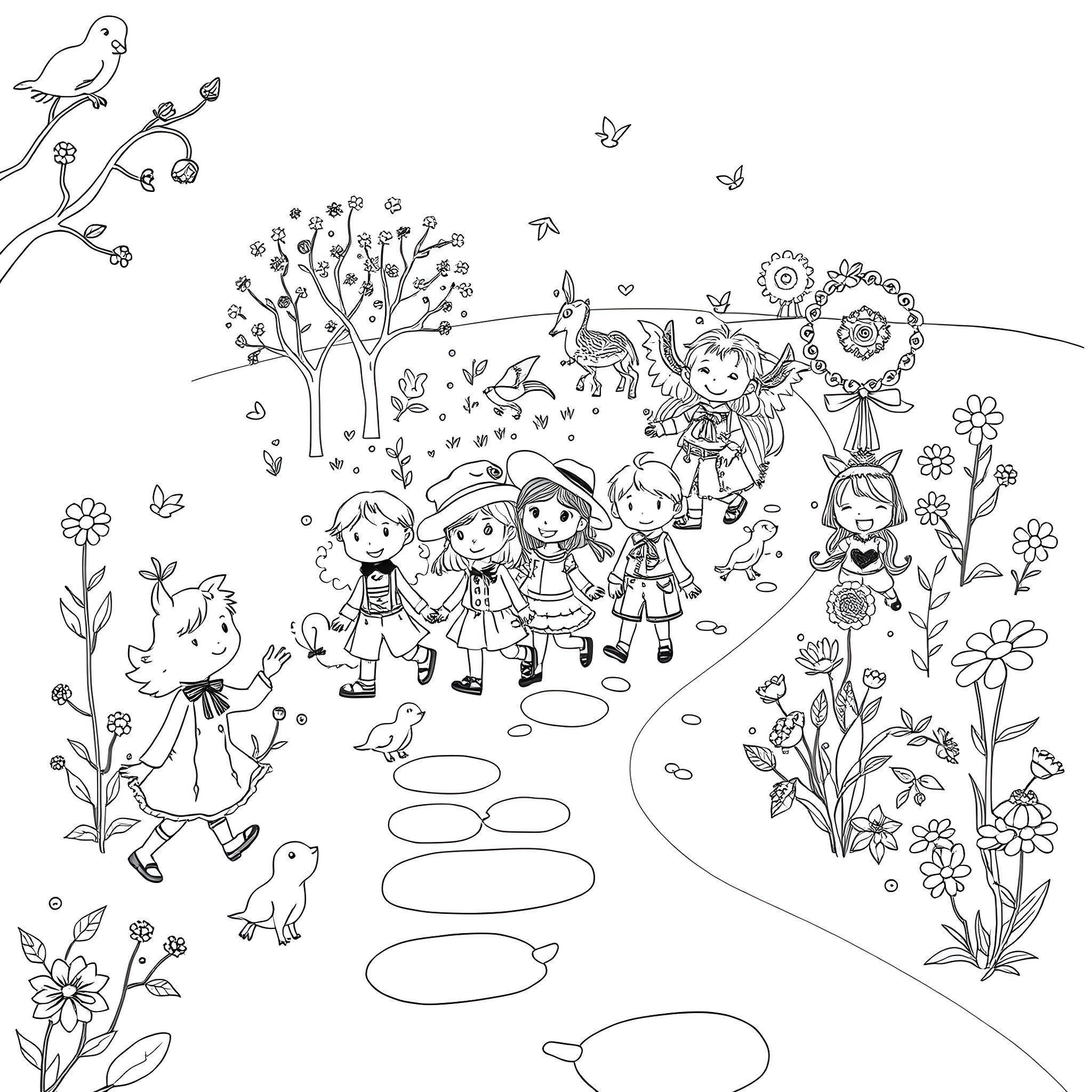 Child playing together in a whimsical garden scene Coloring Page (free black-and-white line drawing printable PDF for all, from beginners to advanced learners, including children, teens, adults, and seniors)