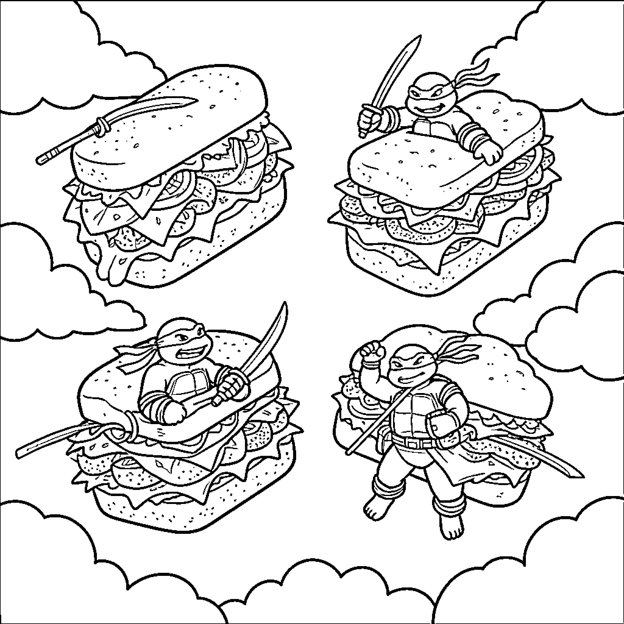 Ninja Turtles Fight Burger Foes in the Sky Coloring Page (free black-and-white line drawing printable PDF for all, from beginners to advanced learners, including children, teens, adults, and seniors)