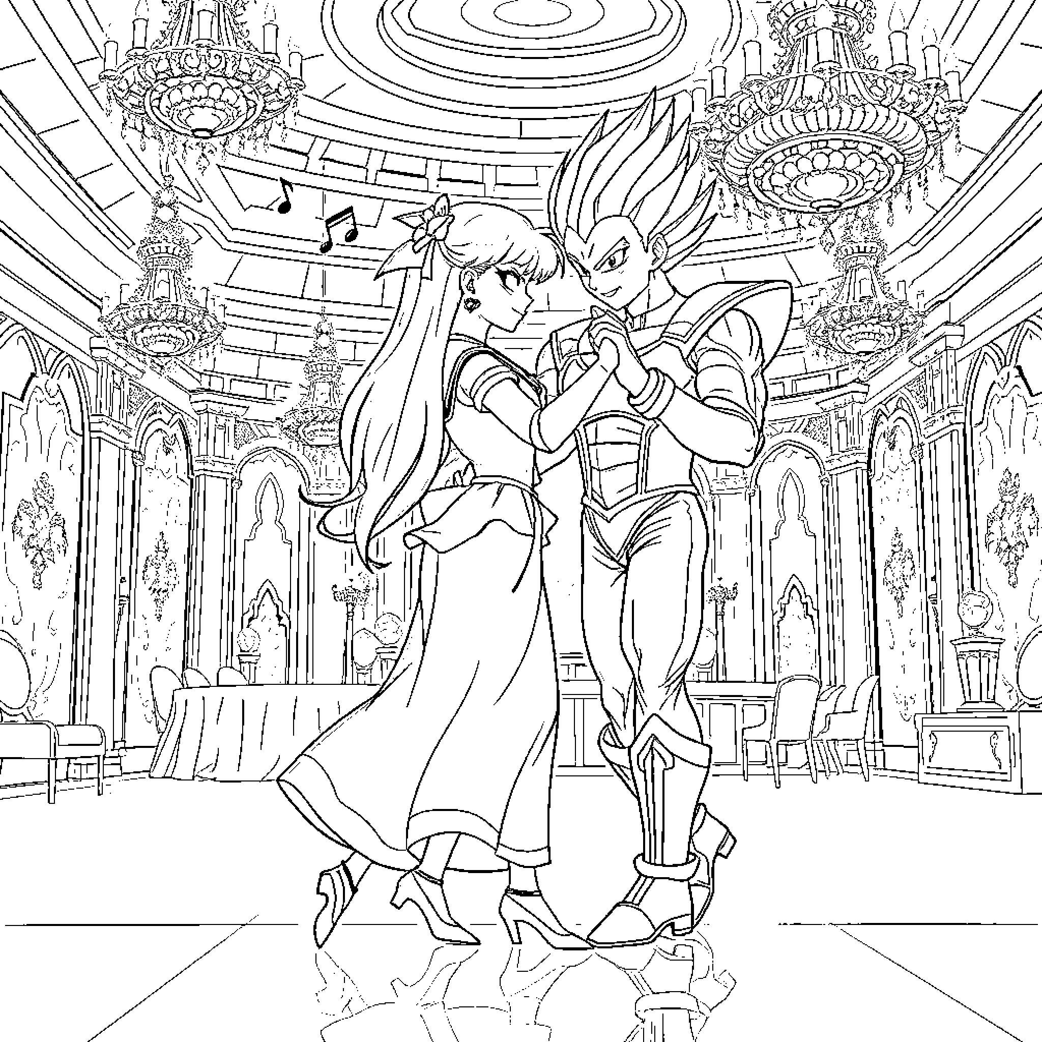 Sailor Mars dancing with partner in grand palace Coloring Page (free black-and-white line drawing printable PDF for all, from beginners to advanced learners, including children, teens, adults, and seniors)