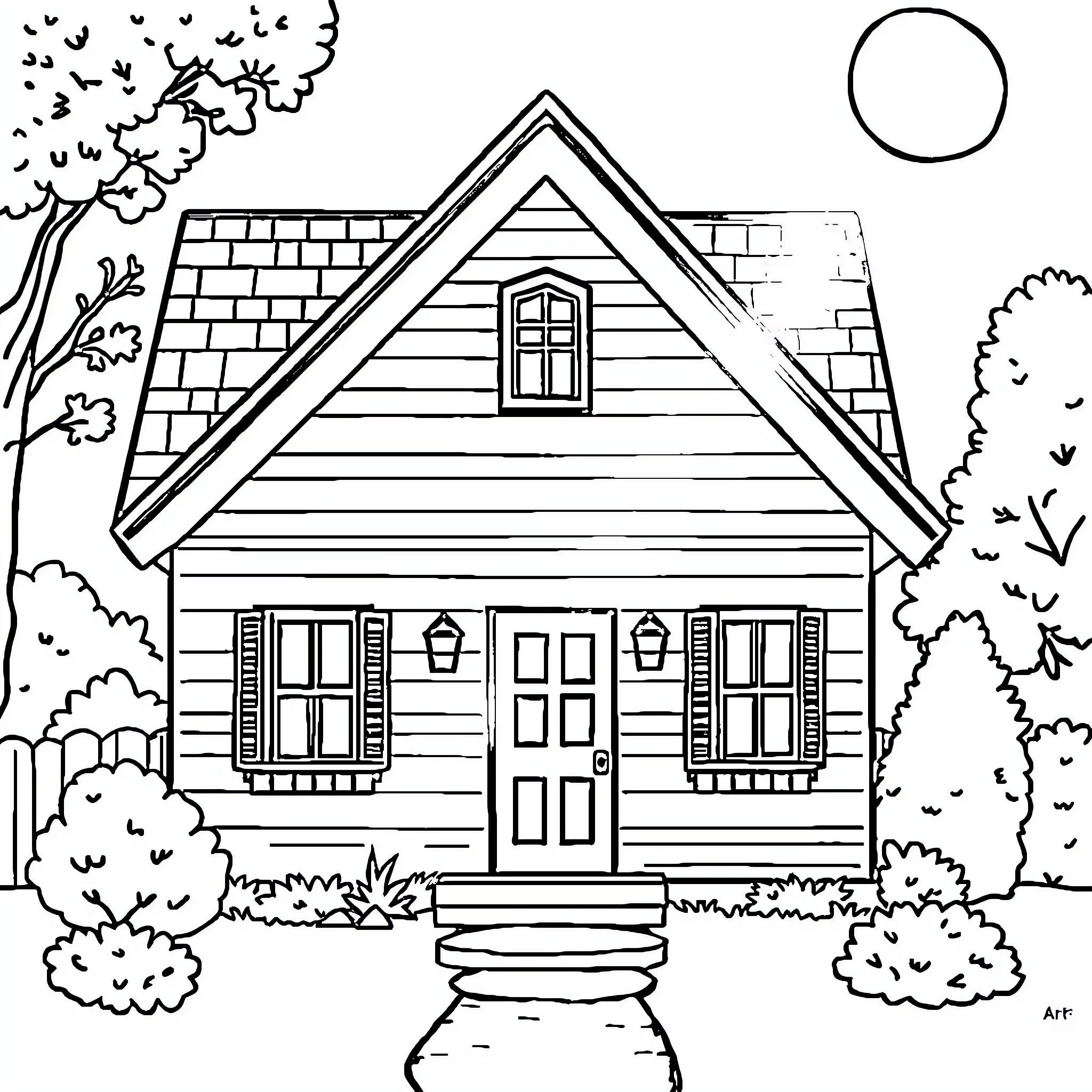 House in a tranquil outdoor setting Coloring Page (free black-and-white line drawing printable PDF for all, from beginners to advanced learners, including children, teens, adults, and seniors)