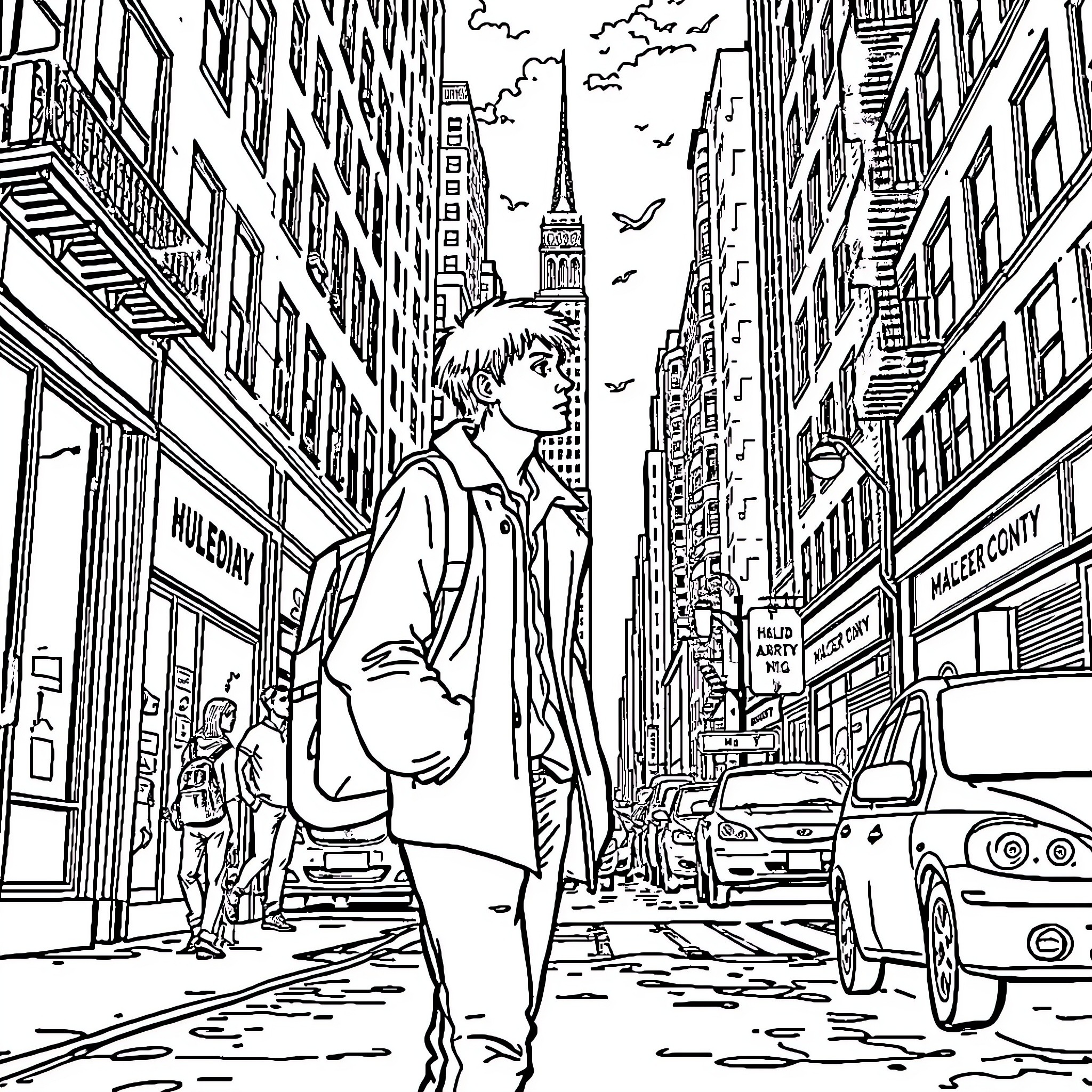 Catcher in the City Street Coloring Page (free black-and-white line drawing printable PDF for all, from beginners to advanced learners, including children, teens, adults, and seniors)