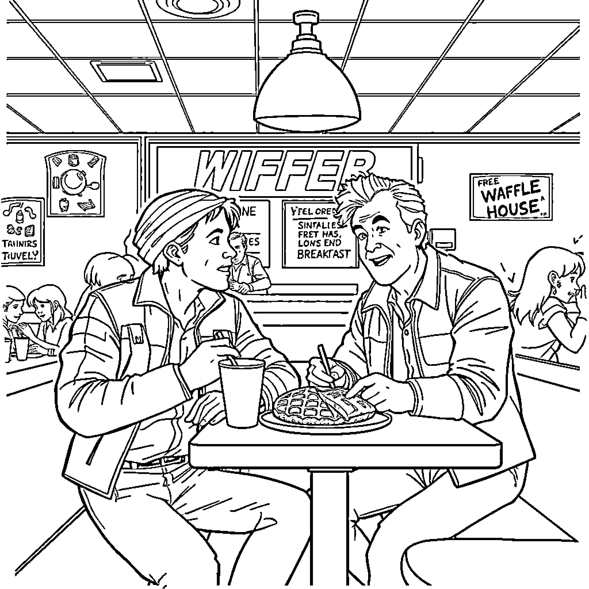 Back to the Future: Diner Diner Date Coloring Page (free black-and-white line drawing printable PDF for all, from beginners to advanced learners, including children, teens, adults, and seniors)