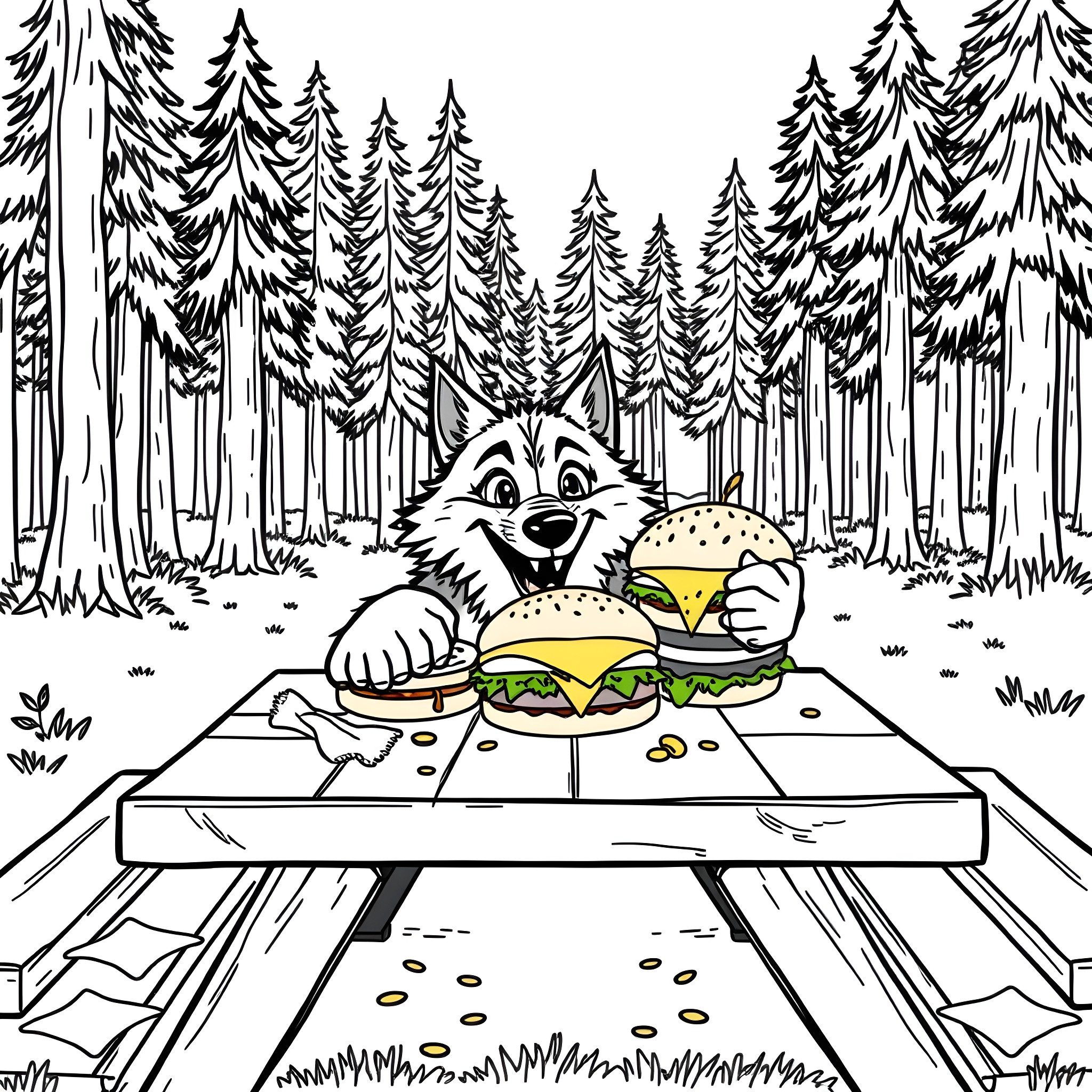 Wolf enjoying a tasty burger in the forest Coloring Page (free black-and-white line drawing printable PDF for all, from beginners to advanced learners, including children, teens, adults, and seniors)