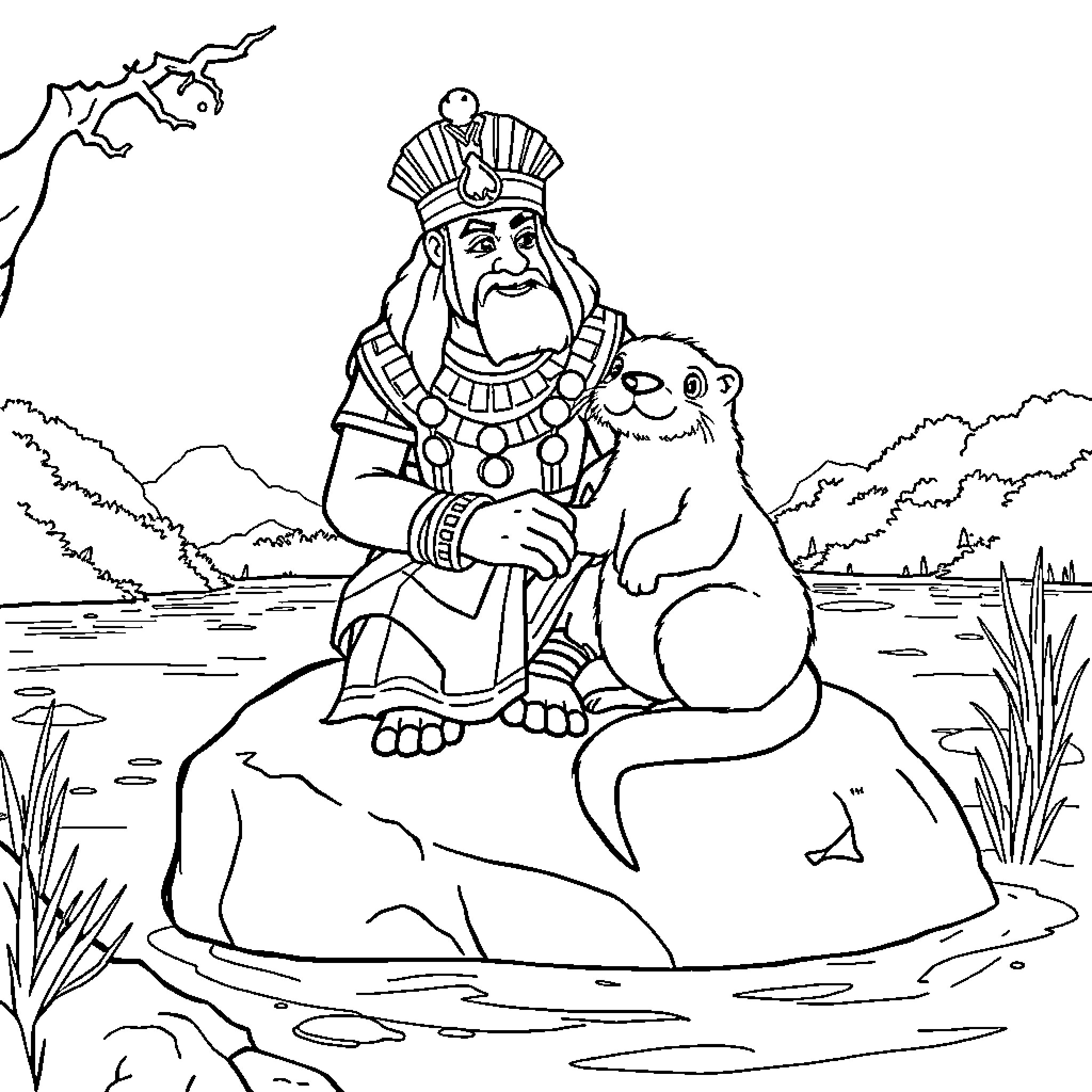 Kuzco's Encounter with a Talking Creature Coloring Page (free black-and-white line drawing printable PDF for all, from beginners to advanced learners, including children, teens, adults, and seniors)