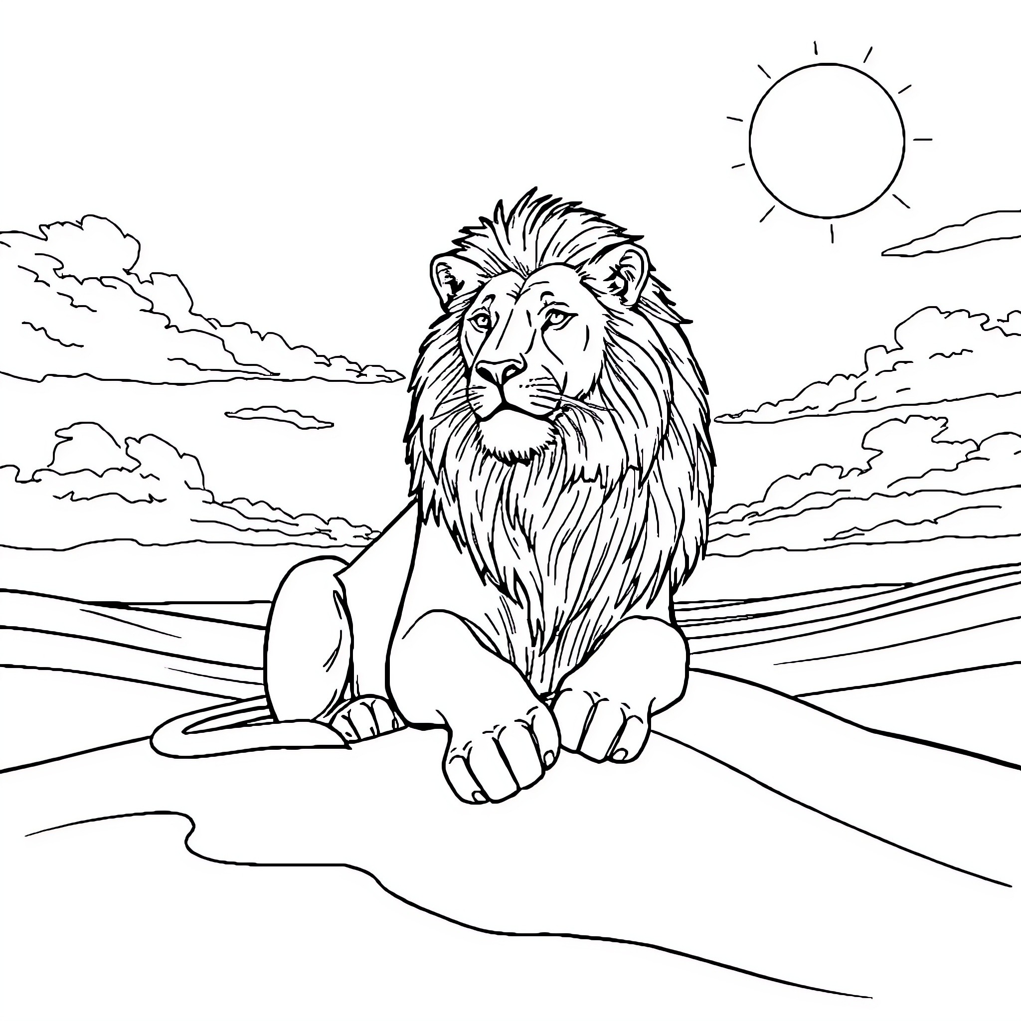 Lion basking in the sun on the savanna Coloring Page (free black-and-white line drawing printable PDF for all, from beginners to advanced learners, including children, teens, adults, and seniors)