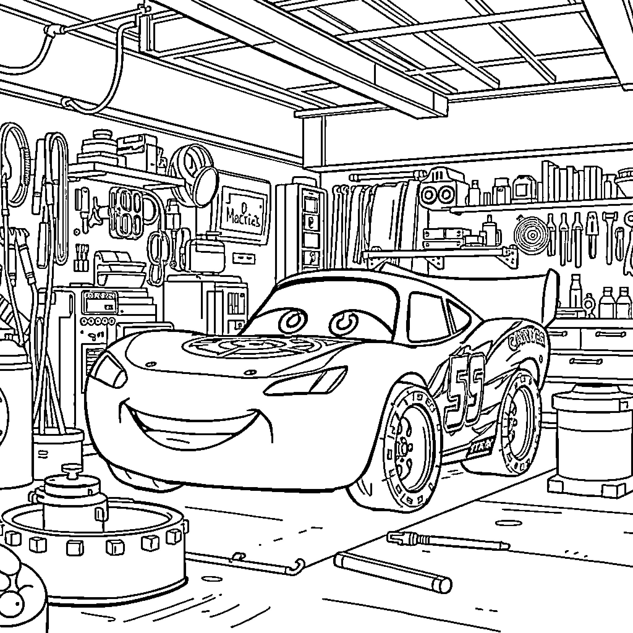 McQueen's Garage Adventures Coloring Page (free black-and-white line drawing printable PDF for all, from beginners to advanced learners, including children, teens, adults, and seniors)