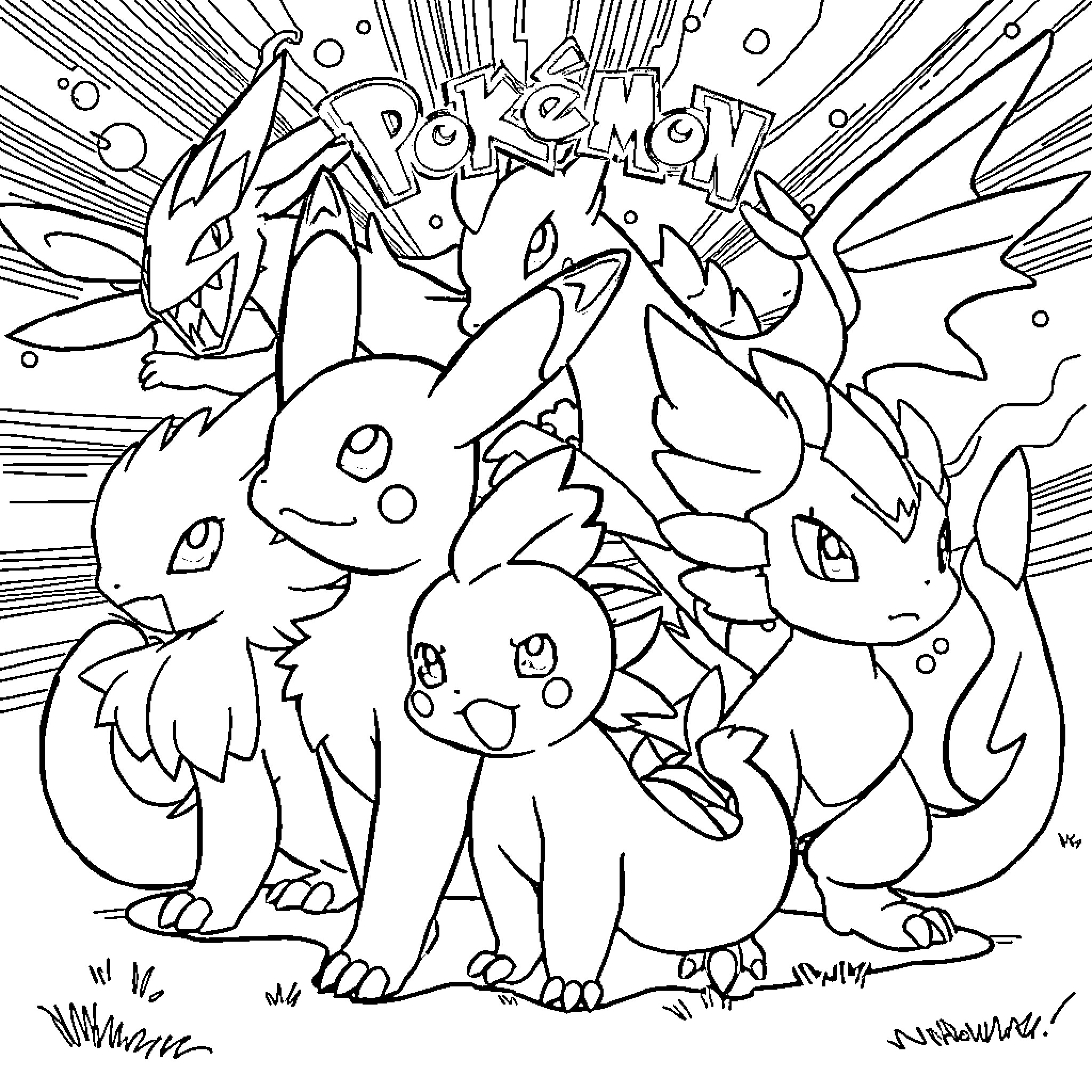Pokémon squad assembled for adventure Coloring Page (free black-and-white line drawing printable PDF for all, from beginners to advanced learners, including children, teens, adults, and seniors)