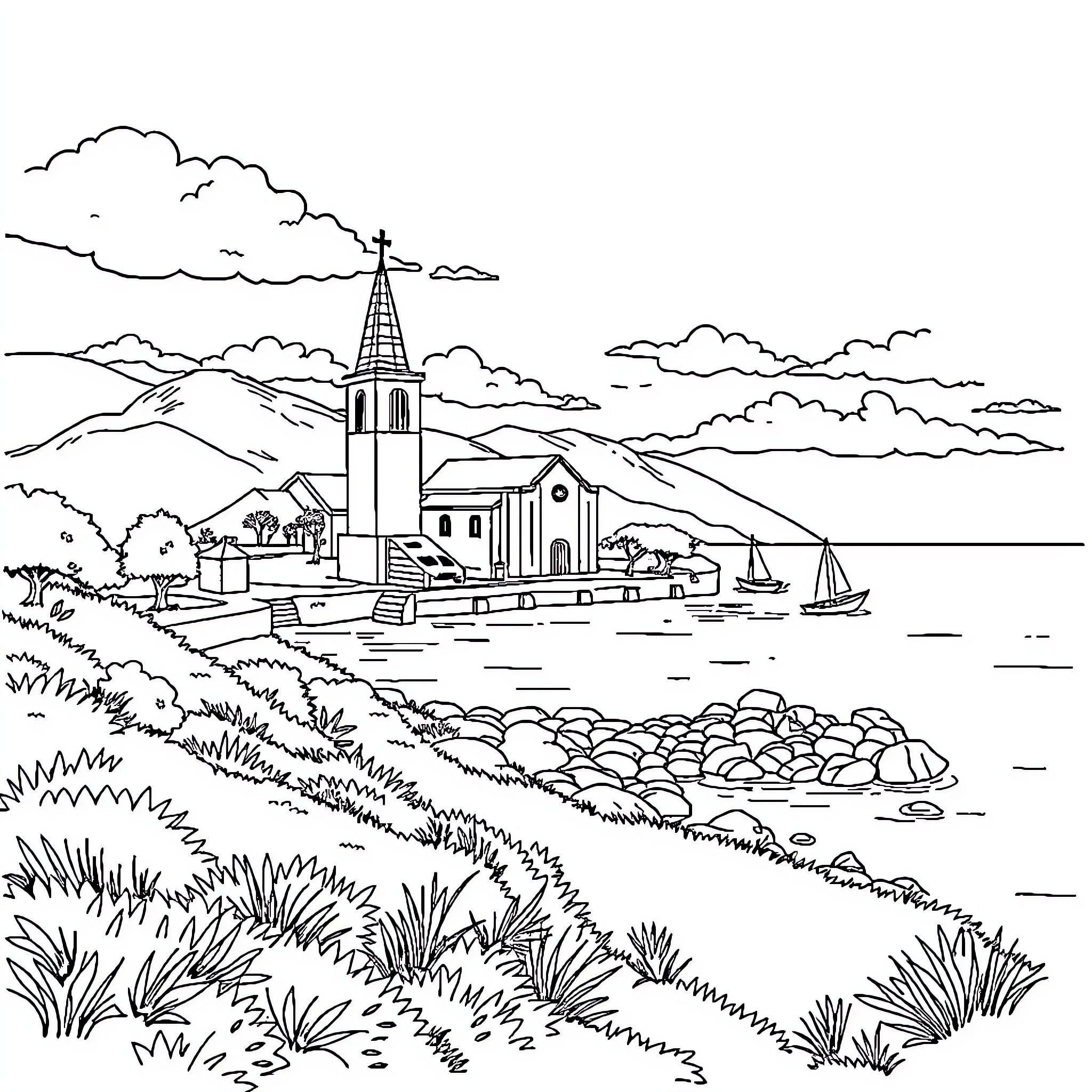 St. Elizabeth's Church by the Lakeside Coloring Page (free black-and-white line drawing printable PDF for all, from beginners to advanced learners, including children, teens, adults, and seniors)