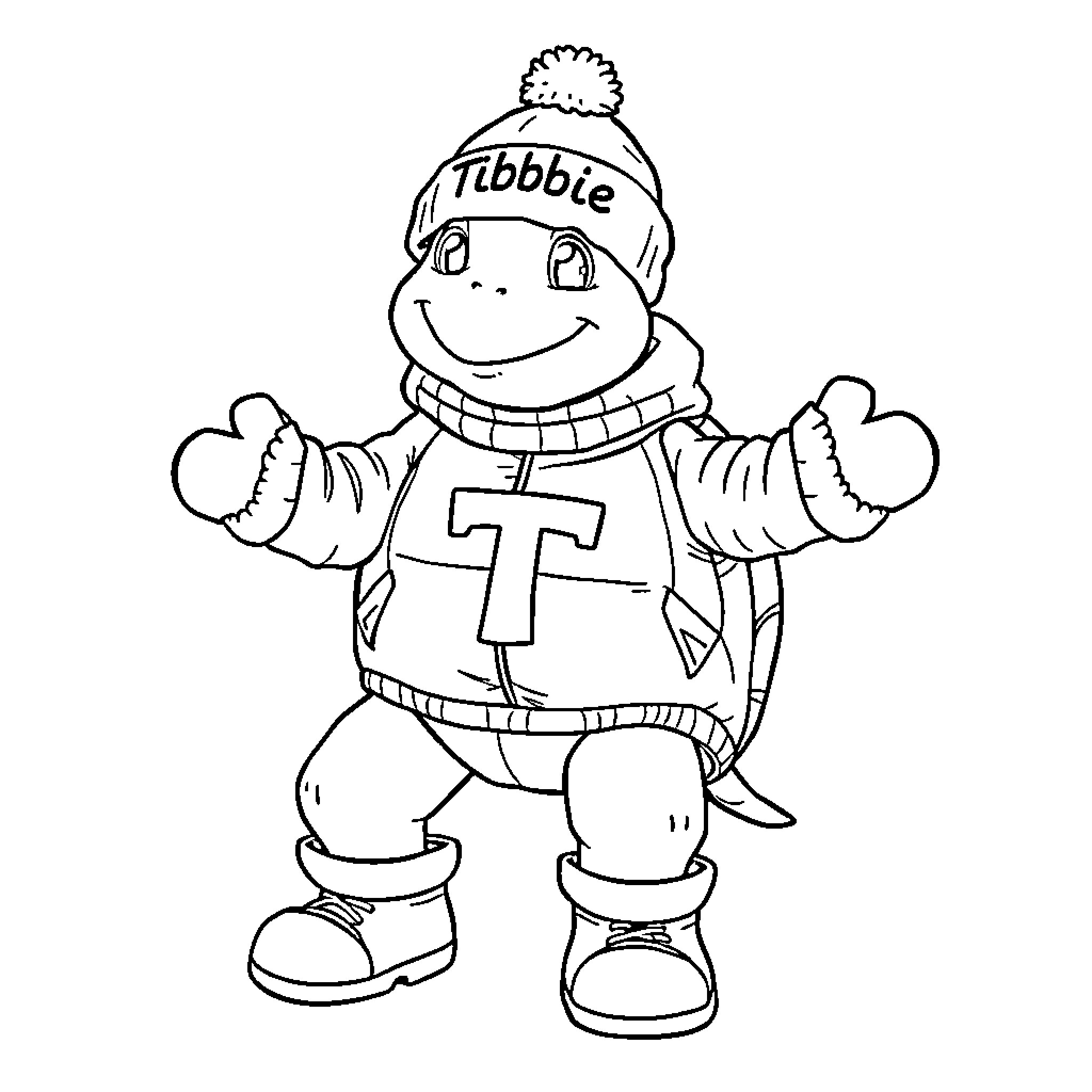 Turtle wearing a winter outfit Coloring Page (free black-and-white line drawing printable PDF for all, from beginners to advanced learners, including children, teens, adults, and seniors)