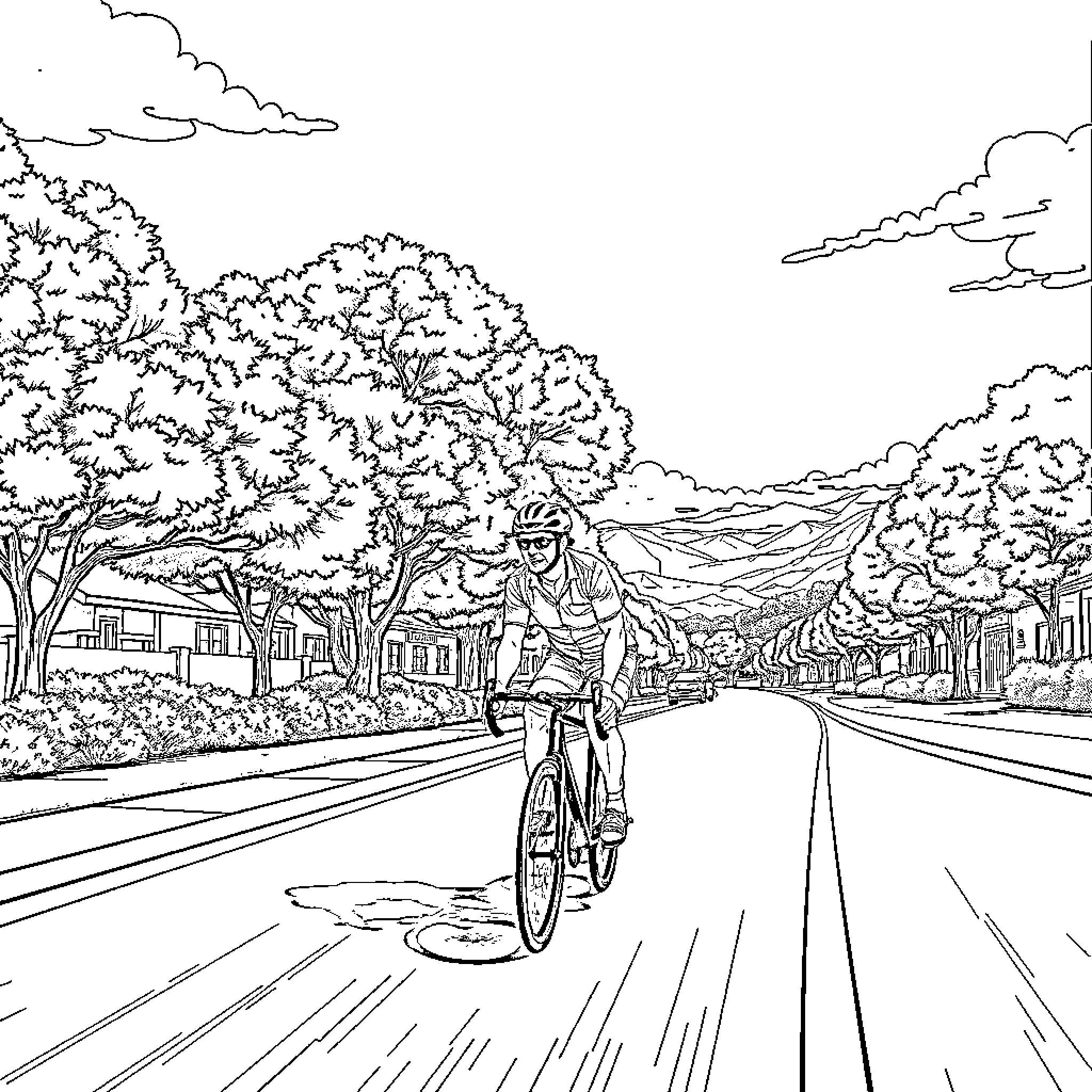 Mikecrack enjoys biking through the scenic neighborhood Coloring Page (free black-and-white line drawing printable PDF for all, from beginners to advanced learners, including children, teens, adults, and seniors)