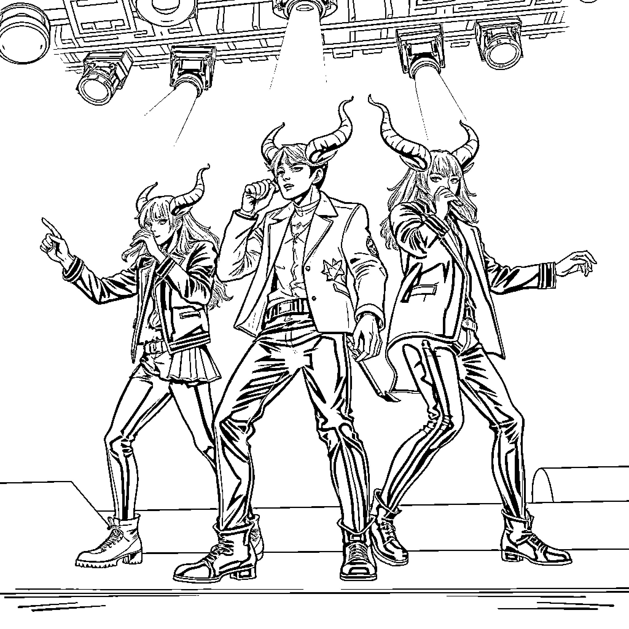 Demon Hunters in Stylish Outfits Posing Dramatically Coloring Page (free black-and-white line drawing printable PDF for all, from beginners to advanced learners, including children, teens, adults, and seniors)