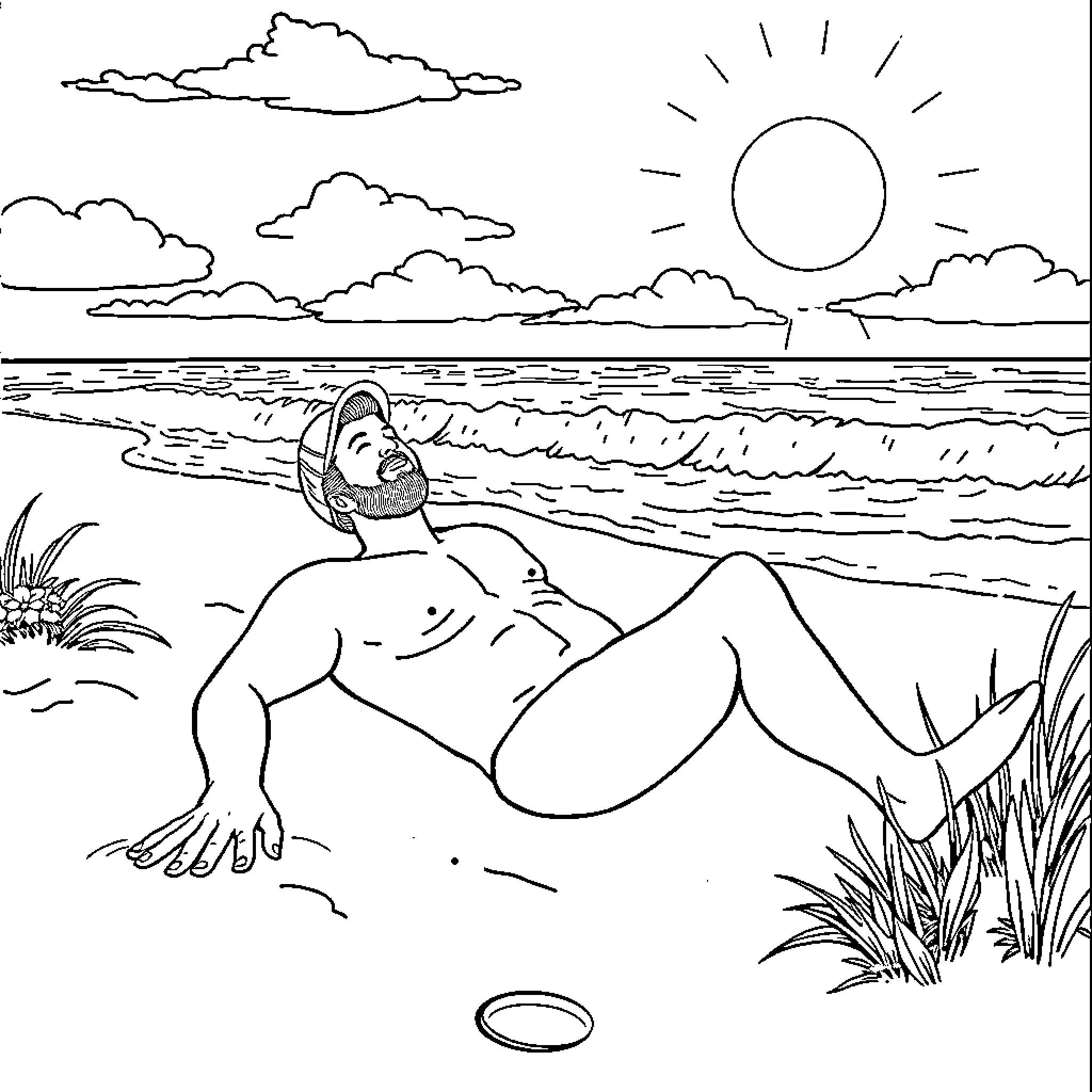 Josh Allen relaxing on the beach Coloring Page (free black-and-white line drawing printable PDF for all, from beginners to advanced learners, including children, teens, adults, and seniors)