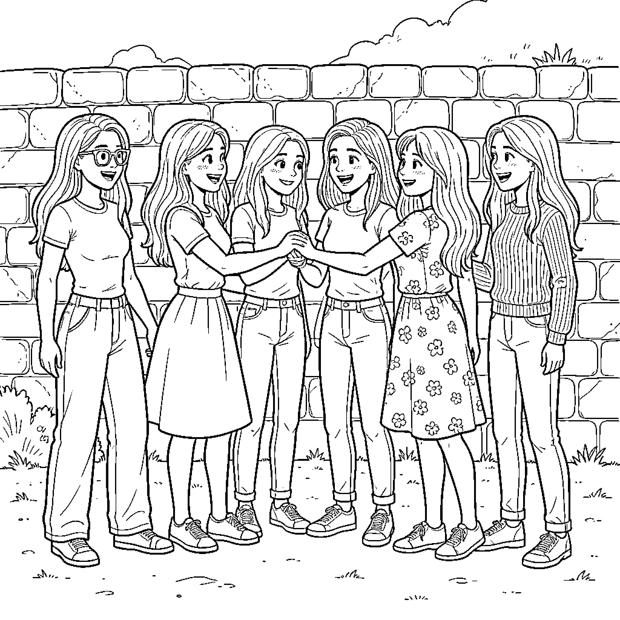 Filles enjoying time together outdoors Coloring Page (free black-and-white line drawing printable PDF for all, from beginners to advanced learners, including children, teens, adults, and seniors)
