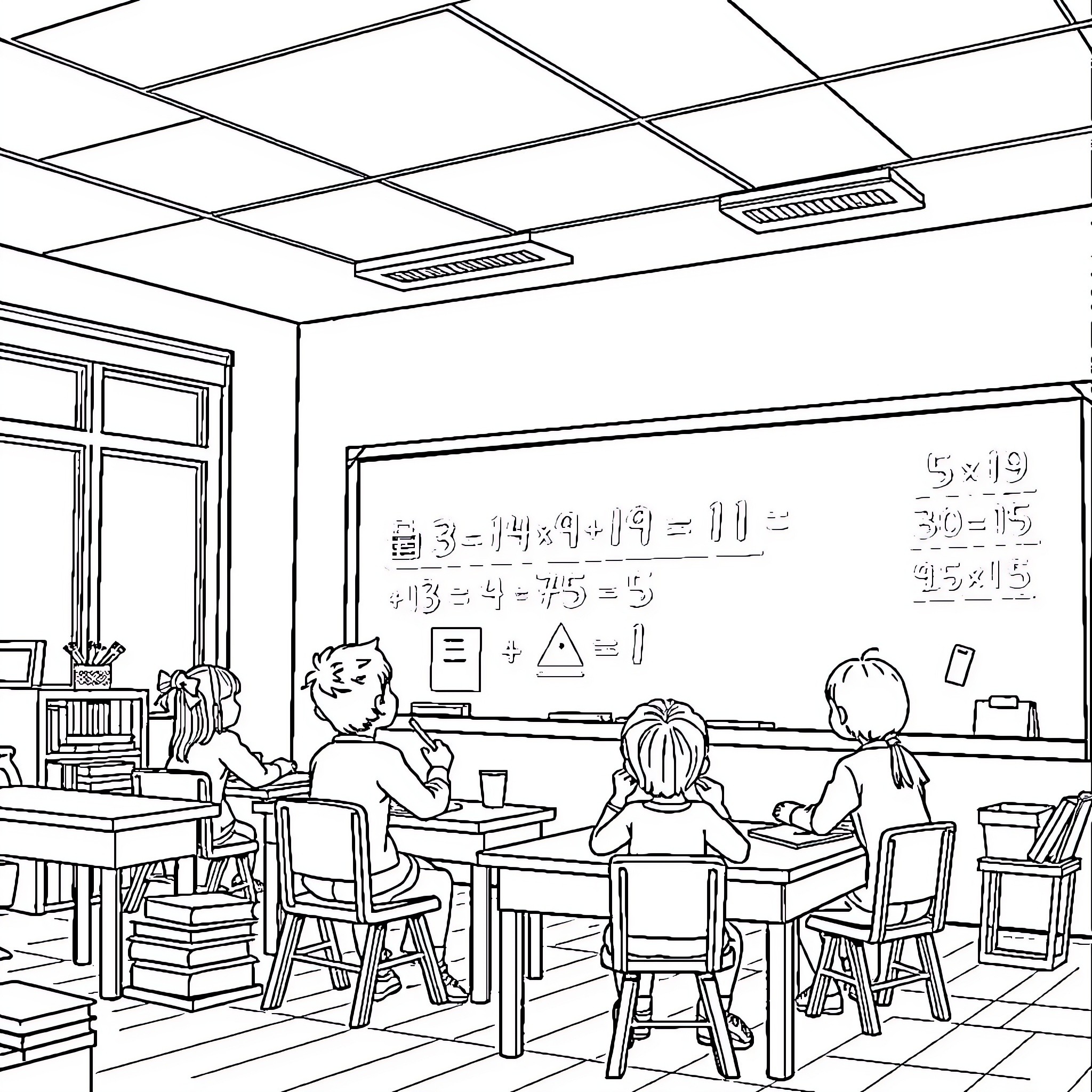 Math Lesson in Classroom with Students Coloring Page (free black-and-white line drawing printable PDF for all, from beginners to advanced learners, including children, teens, adults, and seniors)