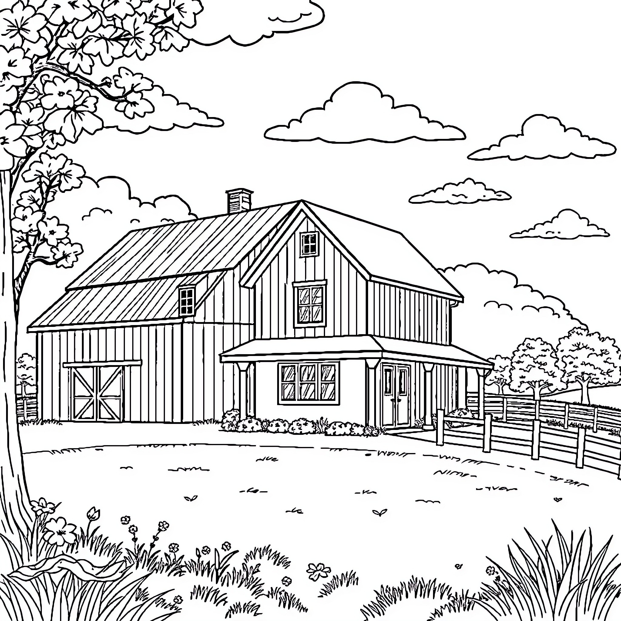 Home in Countryside Landscape Coloring Page (free black-and-white line drawing printable PDF for all, from beginners to advanced learners, including children, teens, adults, and seniors)