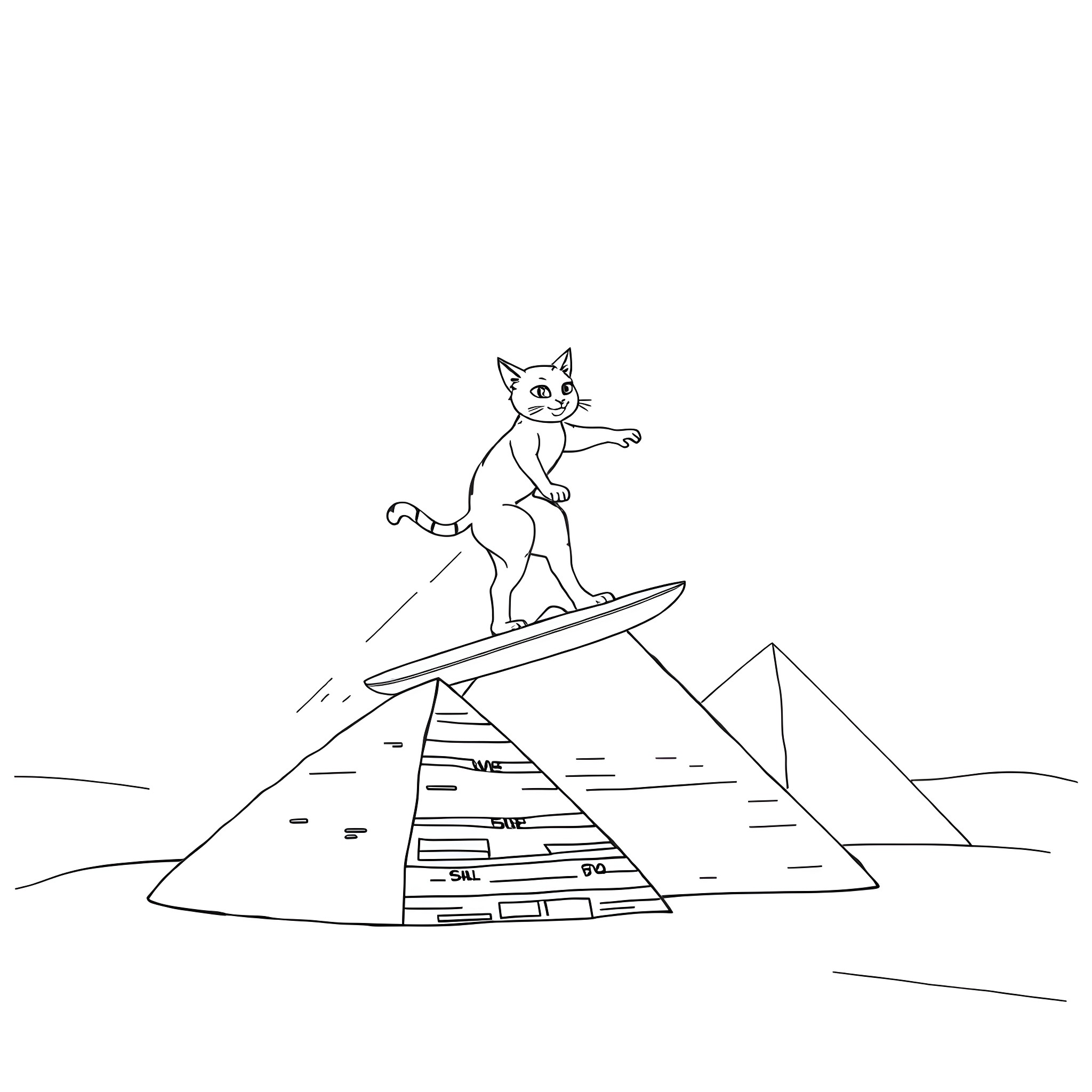 Cat surfing on pyramids Coloring Page (free black-and-white line drawing printable PDF for all, from beginners to advanced learners, including children, teens, adults, and seniors)