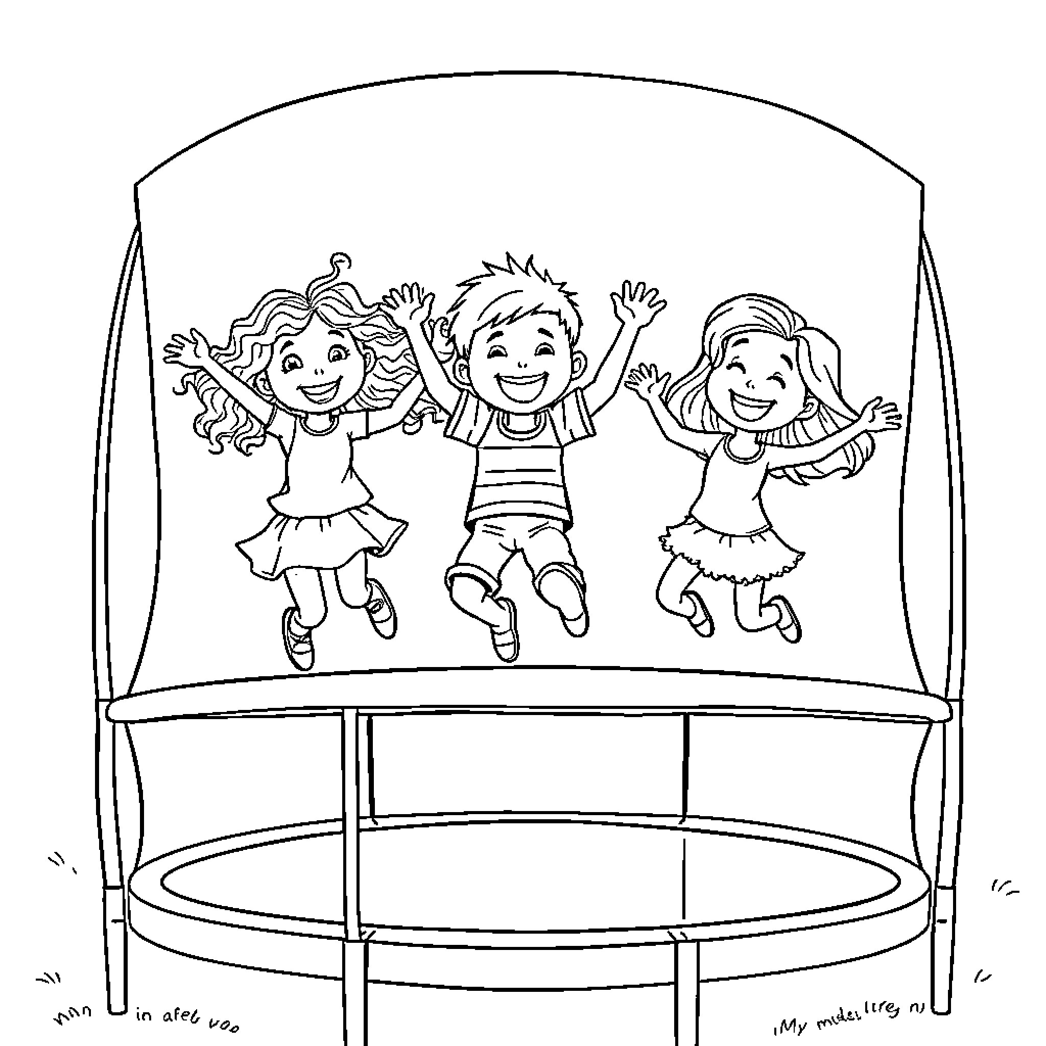 Kids Jumping Happily on Trampoline Coloring Page (free black-and-white line drawing printable PDF for all, from beginners to advanced learners, including children, teens, adults, and seniors)