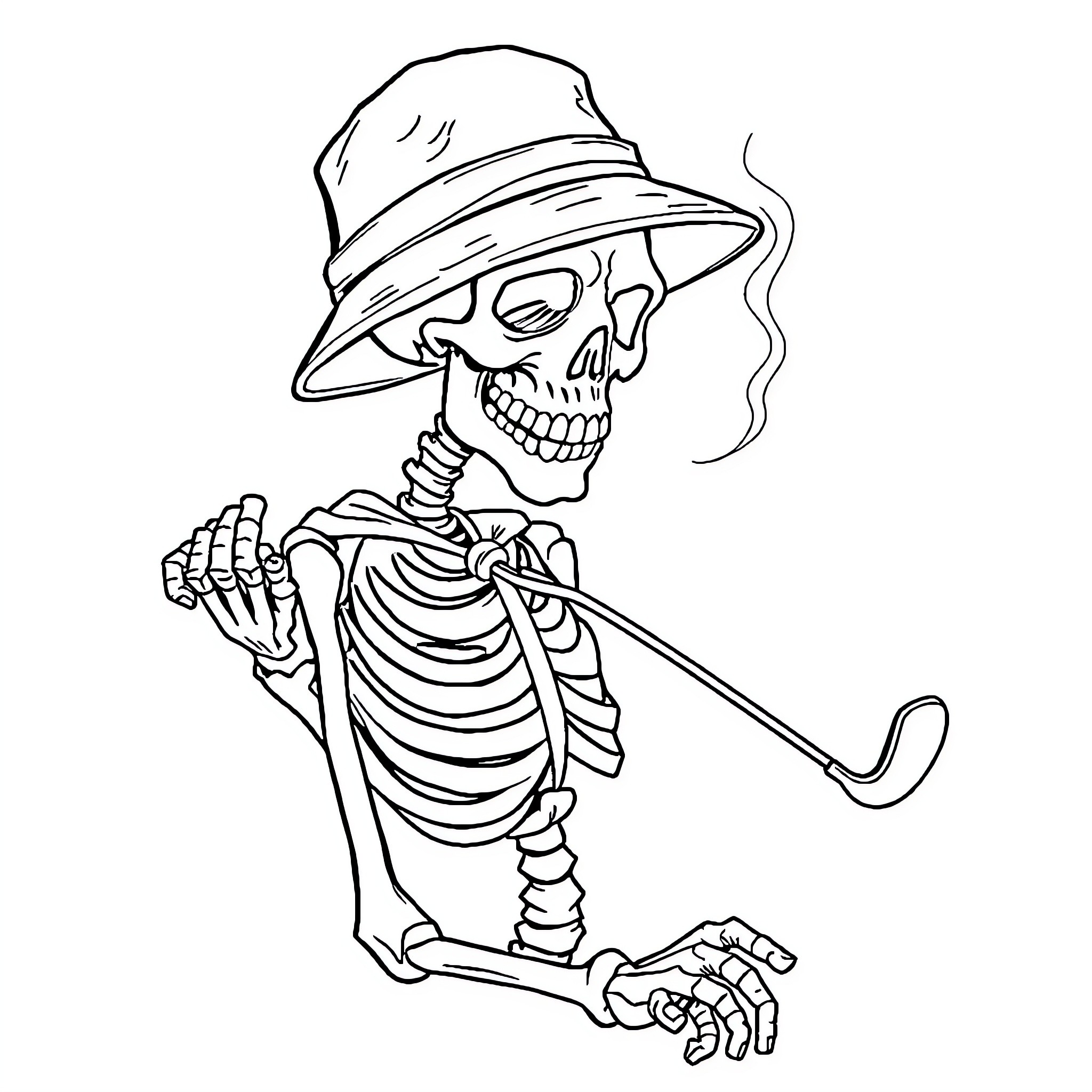 Skeleton in Adventurous Attire Coloring Page (free black-and-white line drawing printable PDF for all, from beginners to advanced learners, including children, teens, adults, and seniors)