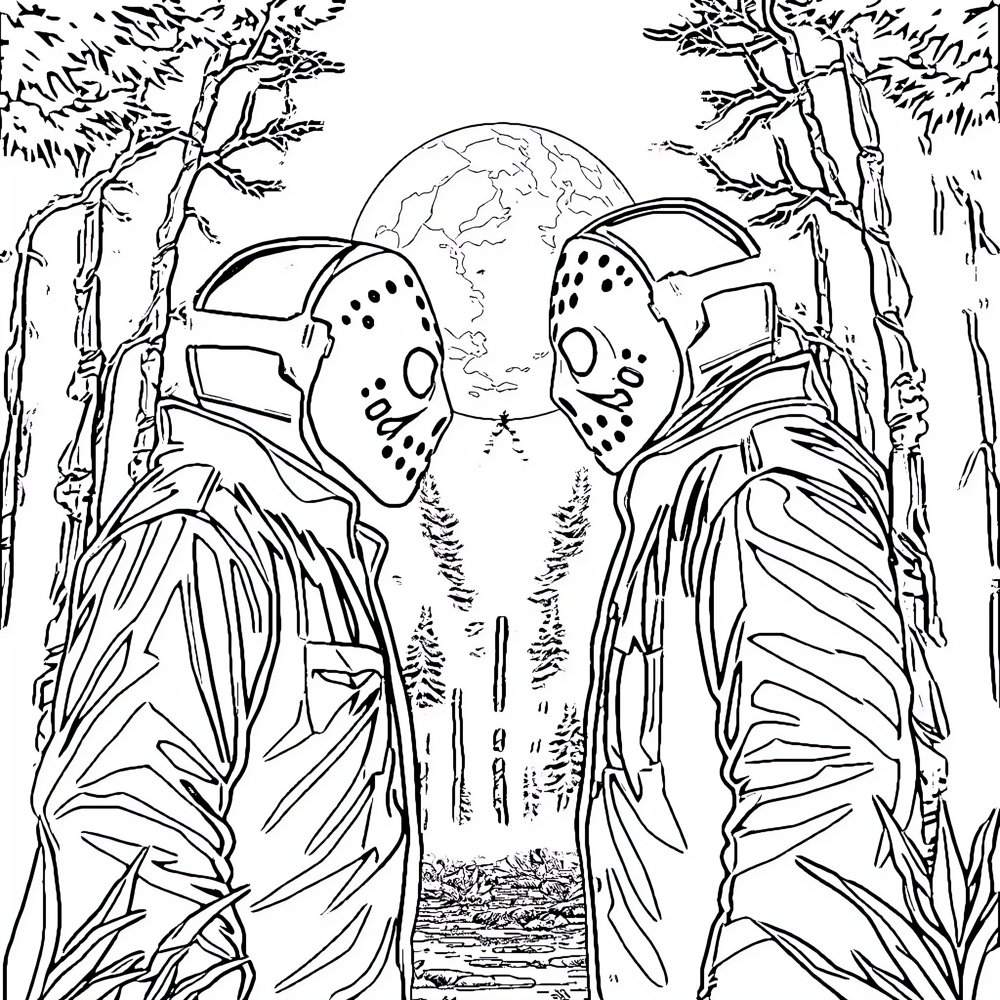 Jason's Mysterious Forest Adventure Coloring Page (free black-and-white line drawing printable PDF for all, from beginners to advanced learners, including children, teens, adults, and seniors)
