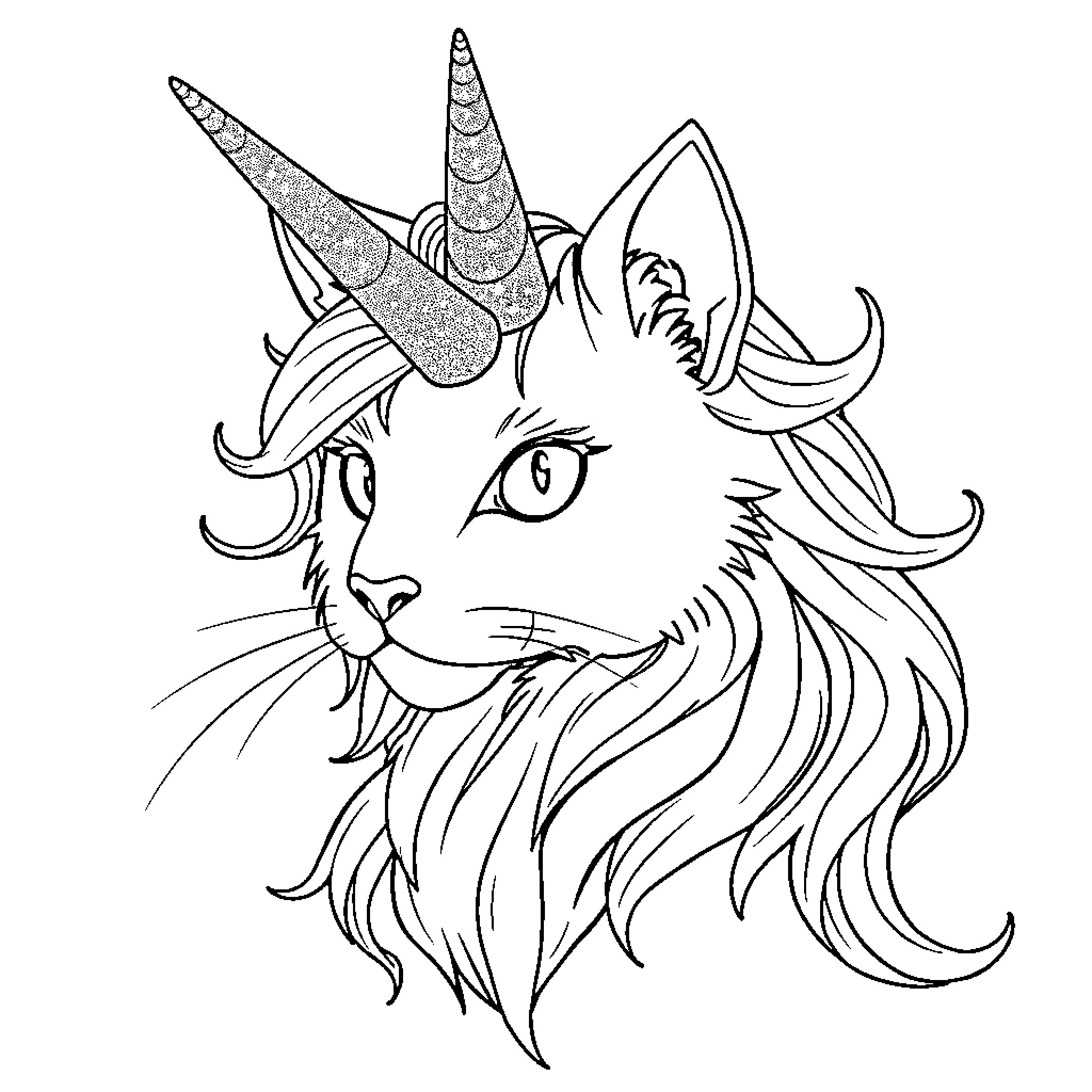 Unicorn Cat with fantastical horns and flowing fur Coloring Page (free black-and-white line drawing printable PDF for all, from beginners to advanced learners, including children, teens, adults, and seniors)