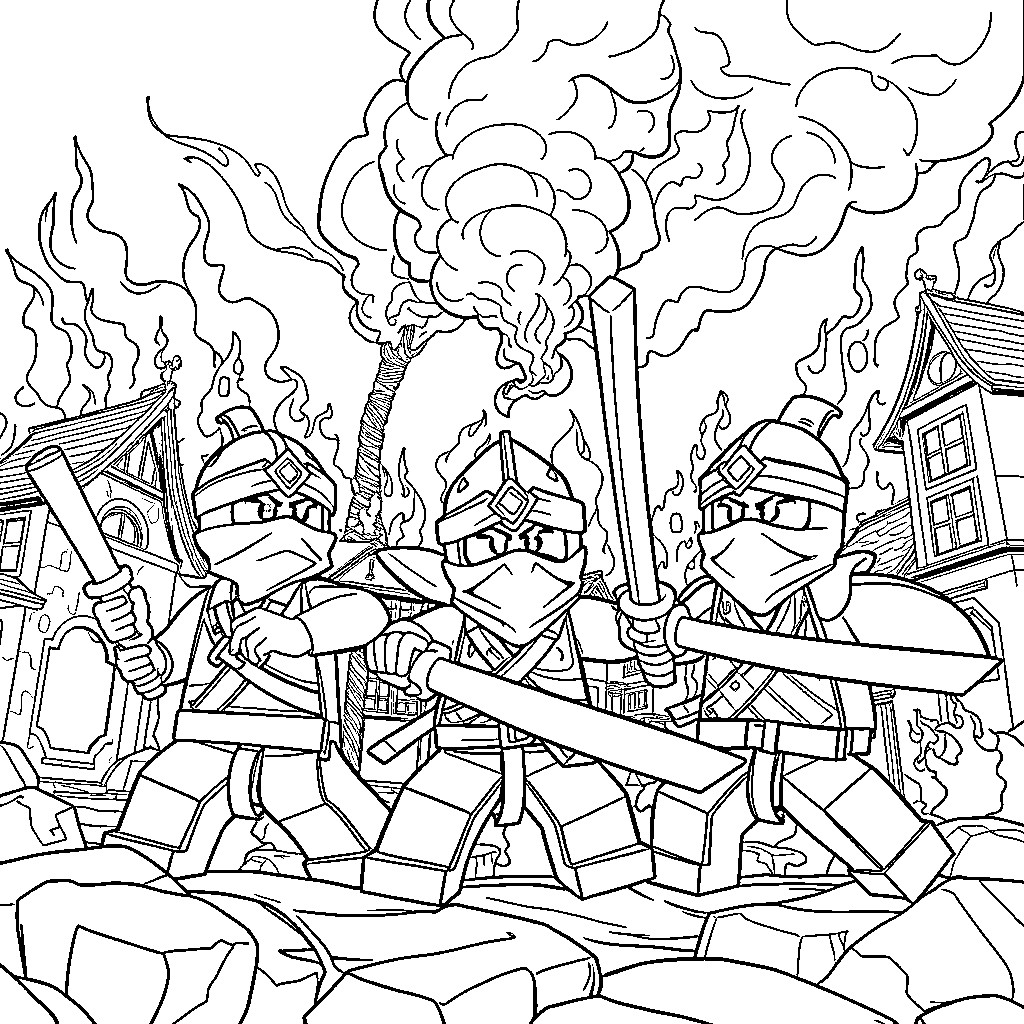 Ninjago warriors battling against fiery destruction Coloring Page (free black-and-white line drawing printable PDF for all, from beginners to advanced learners, including children, teens, adults, and seniors)