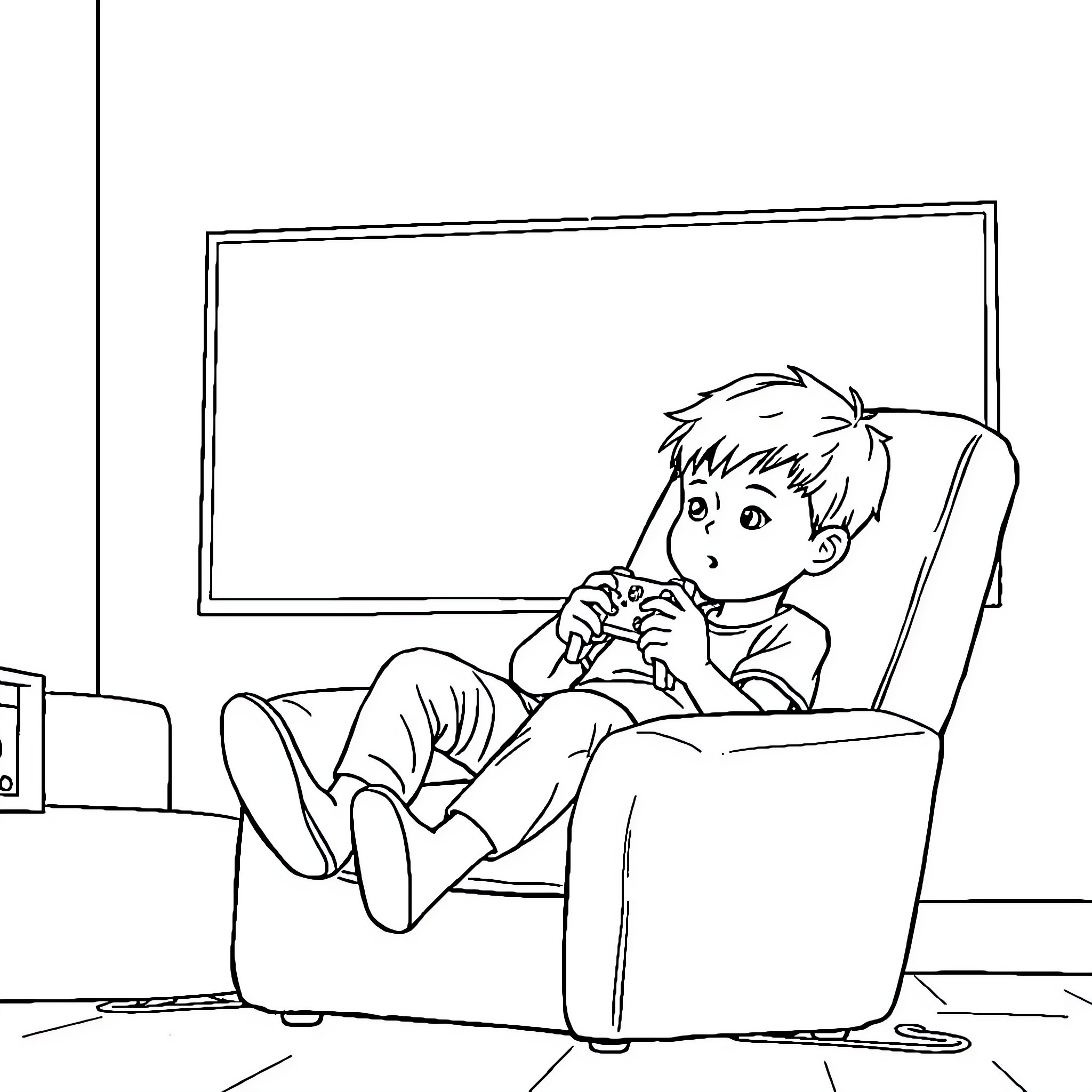 Boy relaxing and watching TV in his room Coloring Page (free black-and-white line drawing printable PDF for all, from beginners to advanced learners, including children, teens, adults, and seniors)