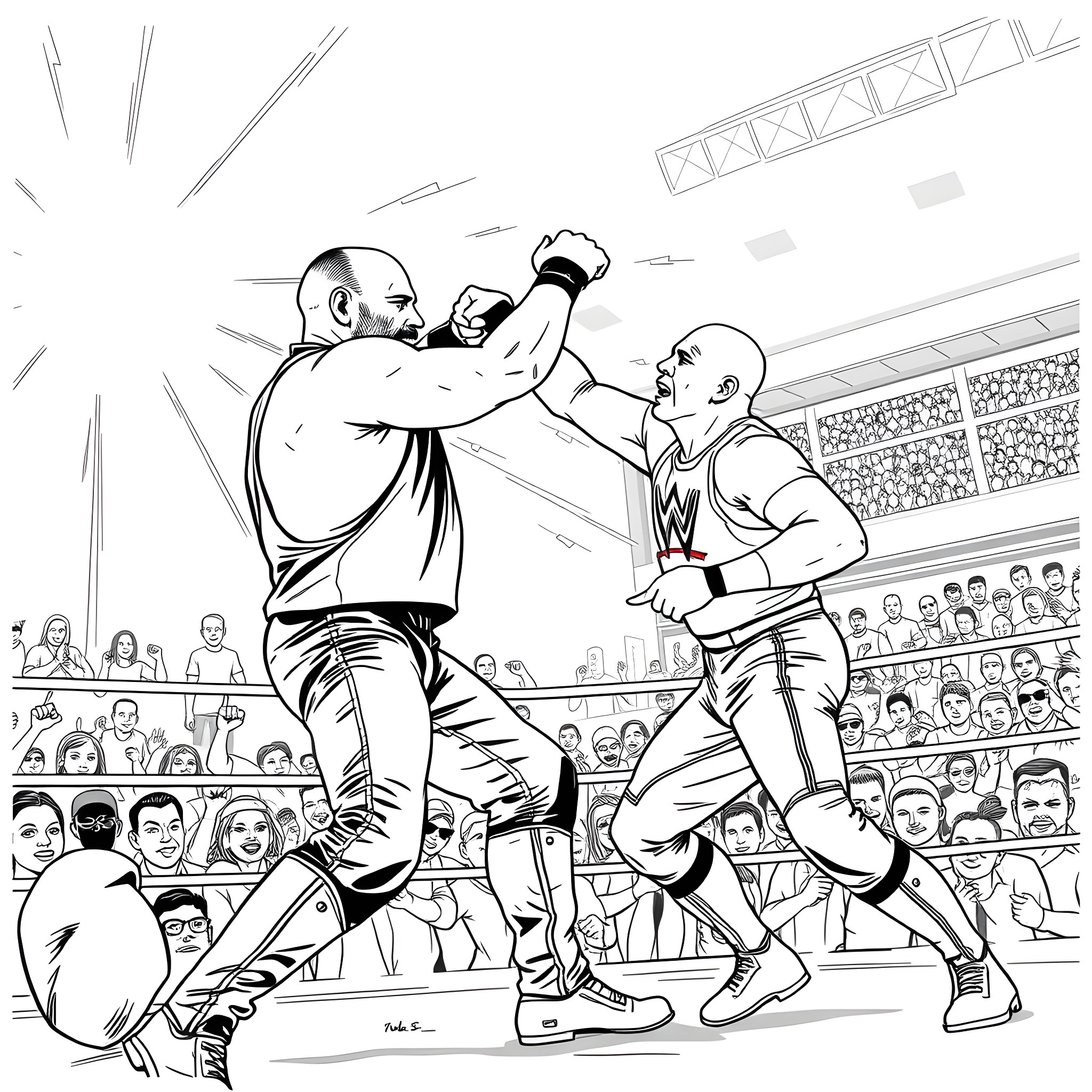 Stone Cold Boxing Match in Lively Stadium Coloring Page (free black-and-white line drawing printable PDF for all, from beginners to advanced learners, including children, teens, adults, and seniors)