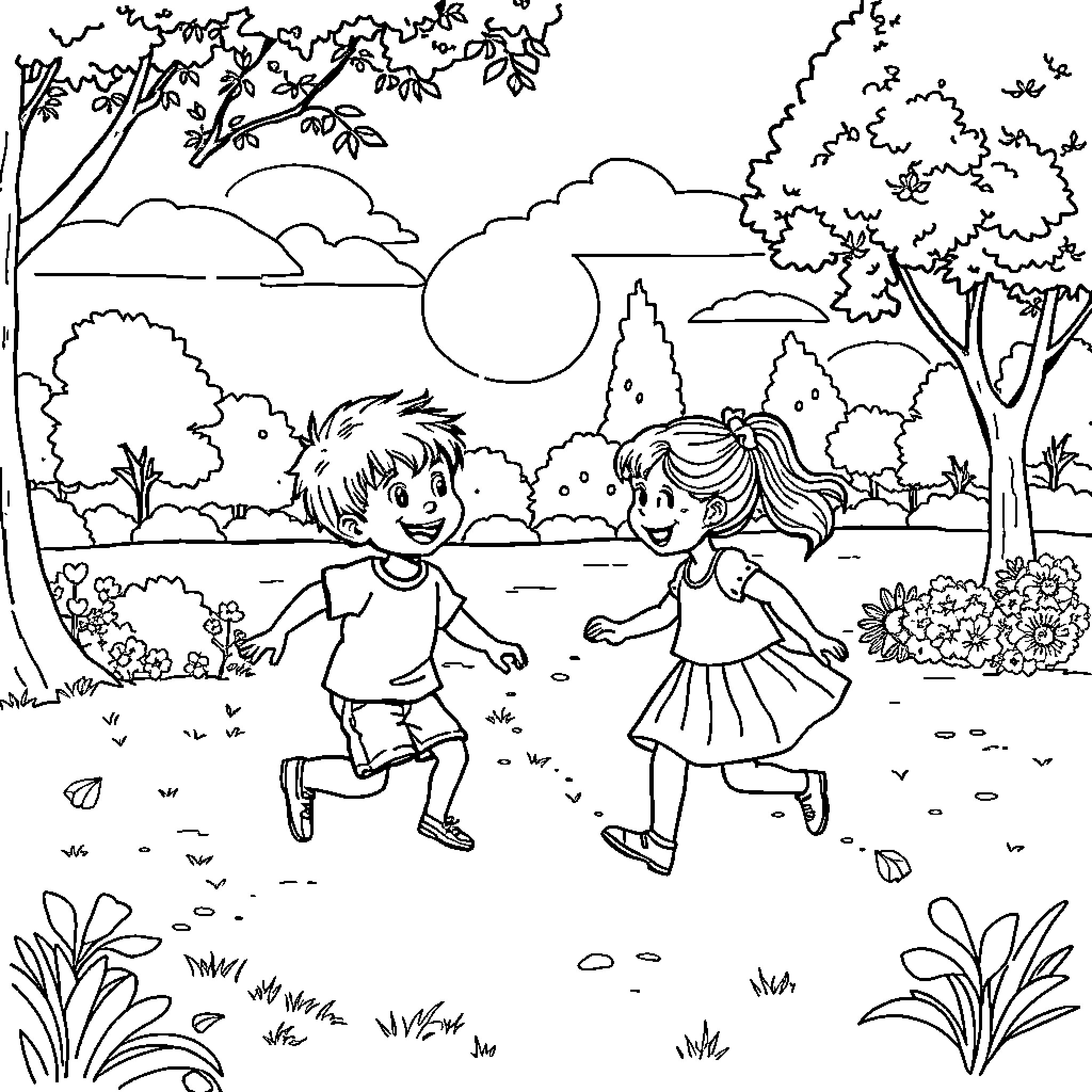 Child playing happily in the park Coloring Page (free black-and-white line drawing printable PDF for all, from beginners to advanced learners, including children, teens, adults, and seniors)