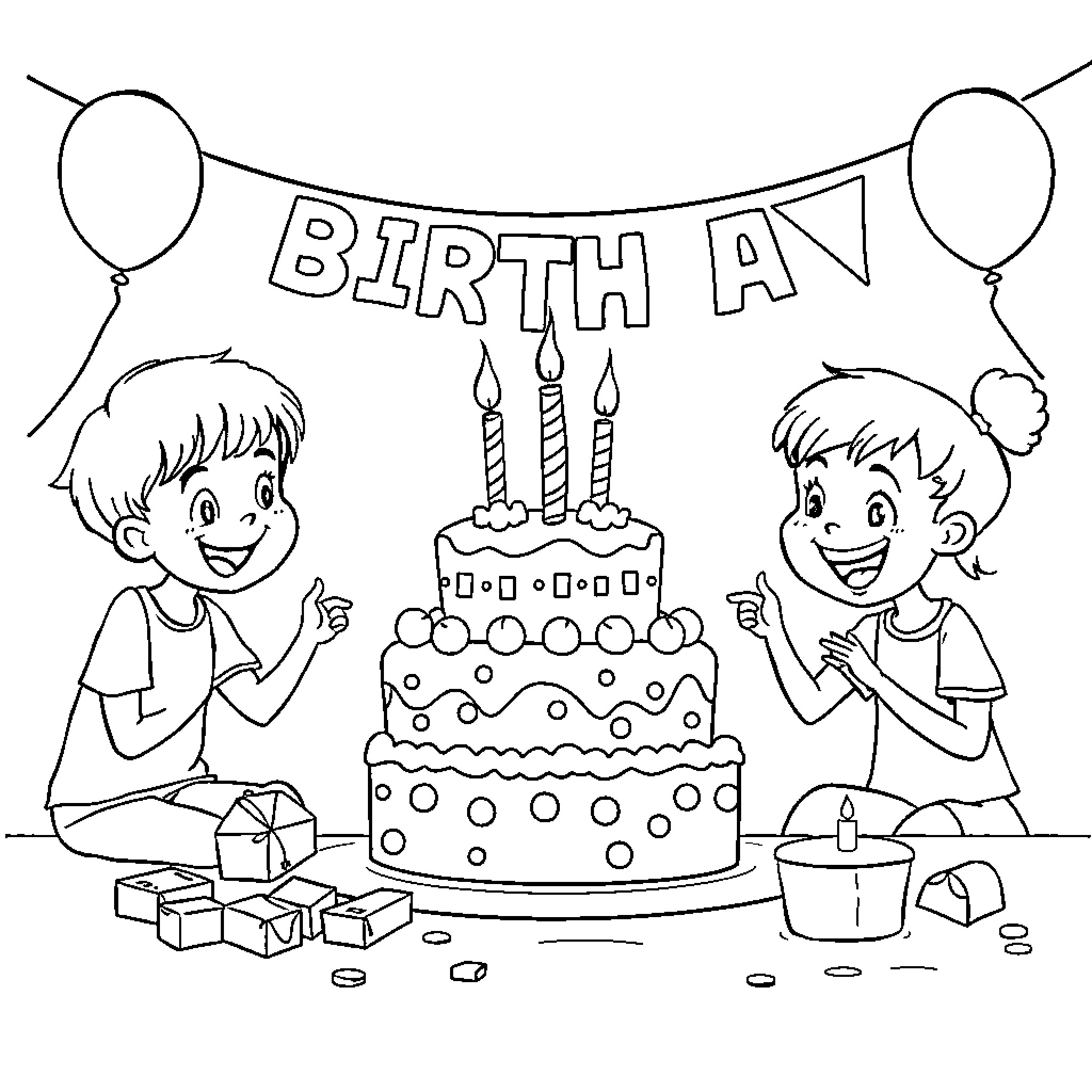 Birthday Celebration with Cake and Decorations Coloring Page (free black-and-white line drawing printable PDF for all, from beginners to advanced learners, including children, teens, adults, and seniors)
