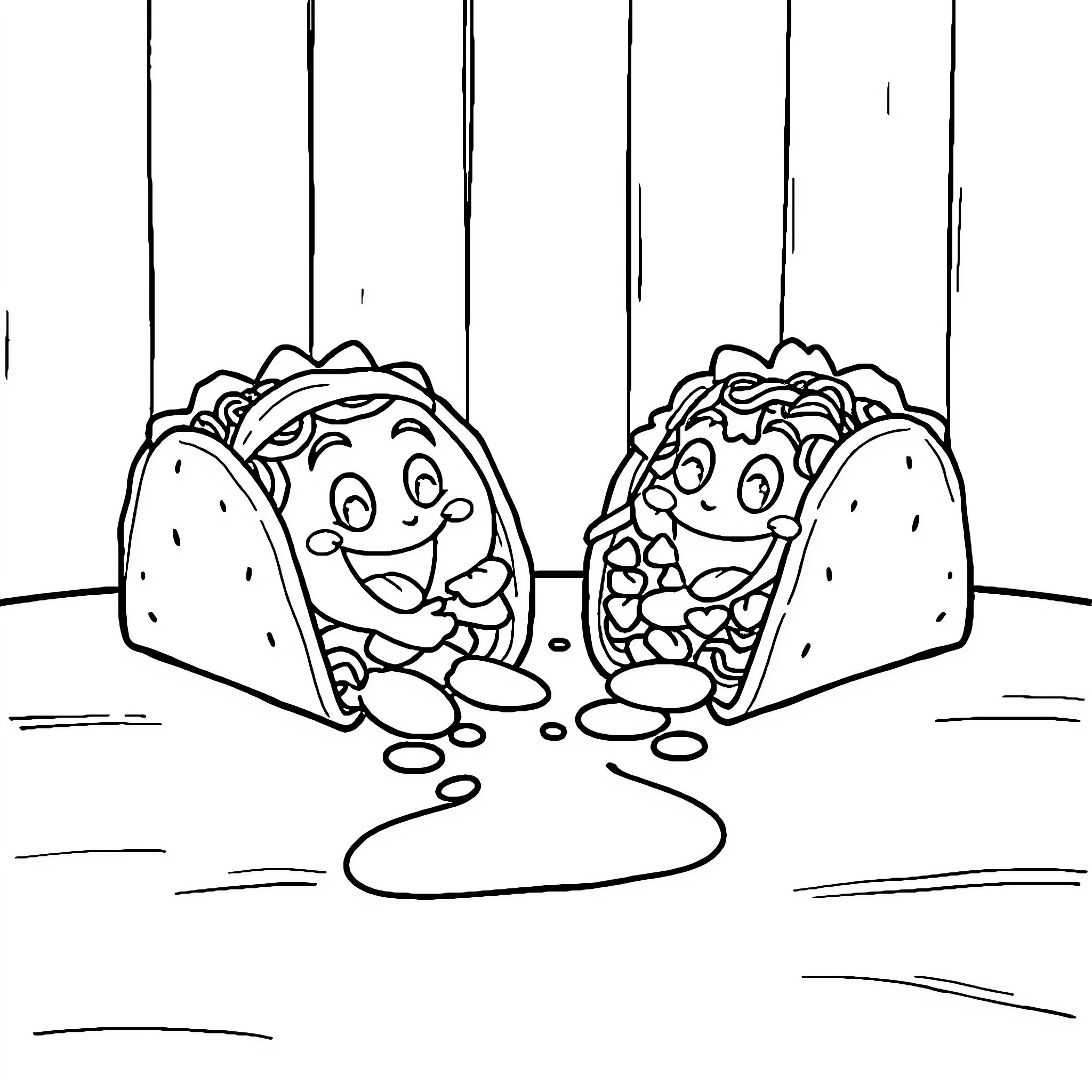 Taco friends sharing a happy moment Coloring Page (free black-and-white line drawing printable PDF for all, from beginners to advanced learners, including children, teens, adults, and seniors)