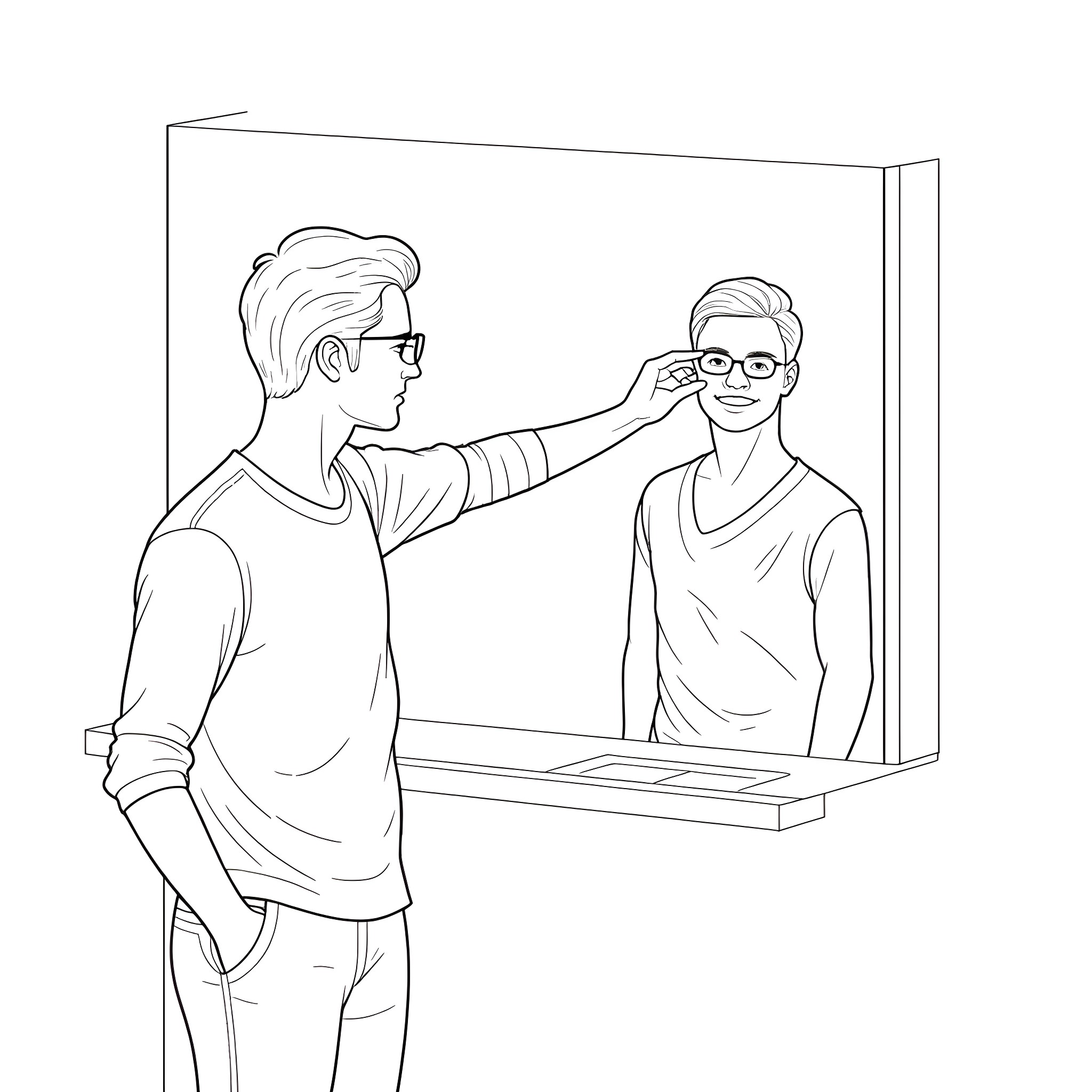 Man adjusting glasses in front of mirror Coloring Page (free black-and-white line drawing printable PDF for all, from beginners to advanced learners, including children, teens, adults, and seniors)