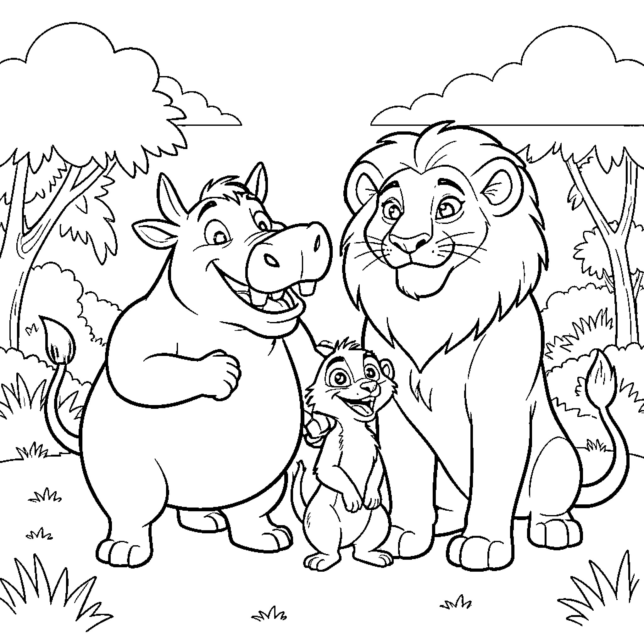 Pumbaa smiling alongside Timon and Simba in the jungle Coloring Page (free black-and-white line drawing printable PDF for all, from beginners to advanced learners, including children, teens, adults, and seniors)