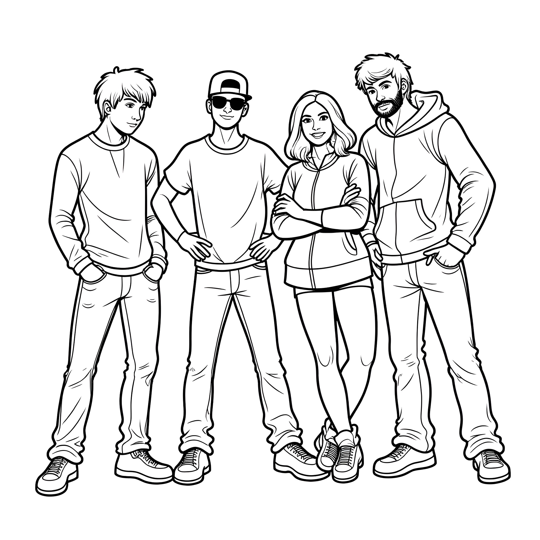 Collective Soul: Stylish Group of Friends Coloring Page (free black-and-white line drawing printable PDF for all, from beginners to advanced learners, including children, teens, adults, and seniors)