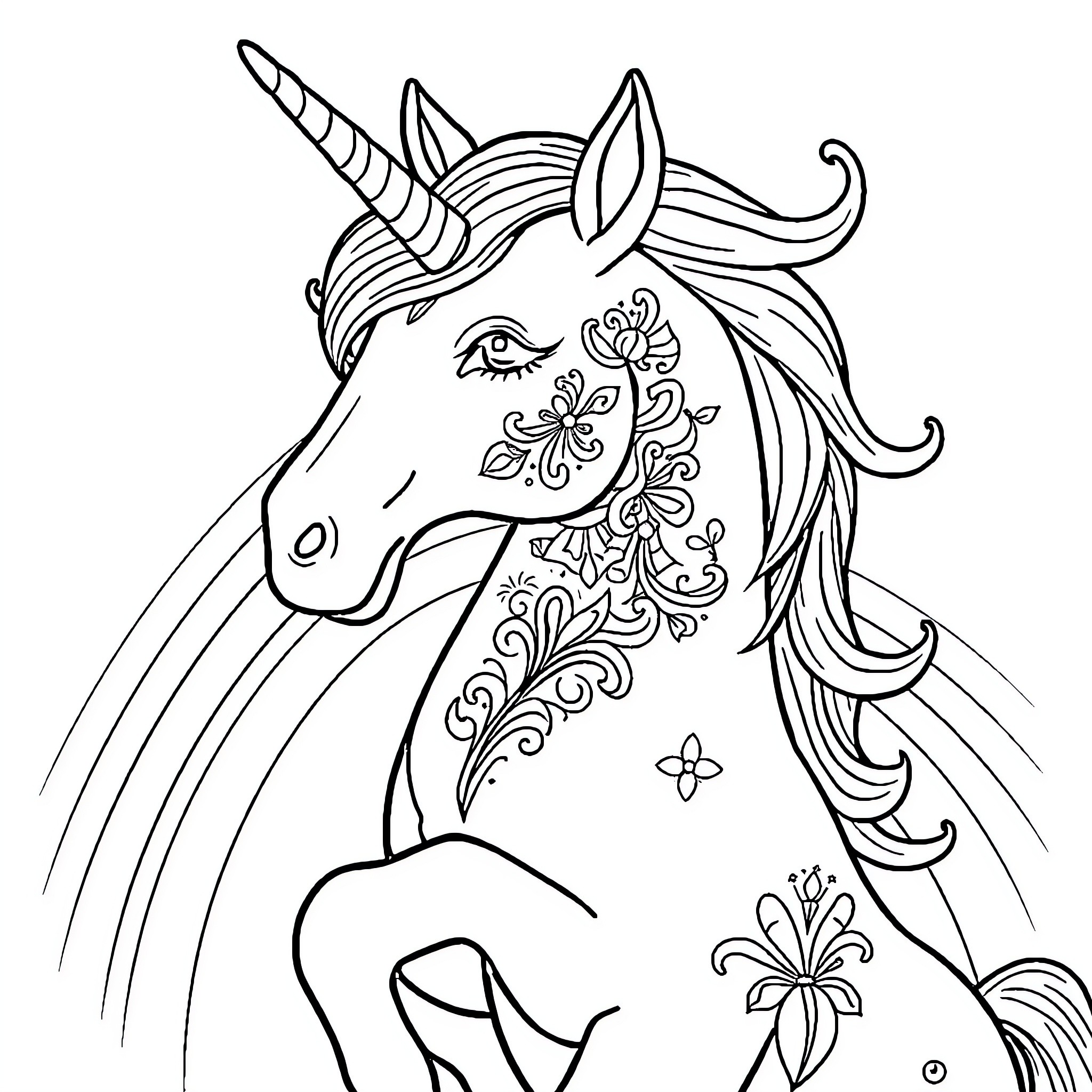 Unicorn with Intricate Floral Patterns Coloring Page (free black-and-white line drawing printable PDF for all, from beginners to advanced learners, including children, teens, adults, and seniors)