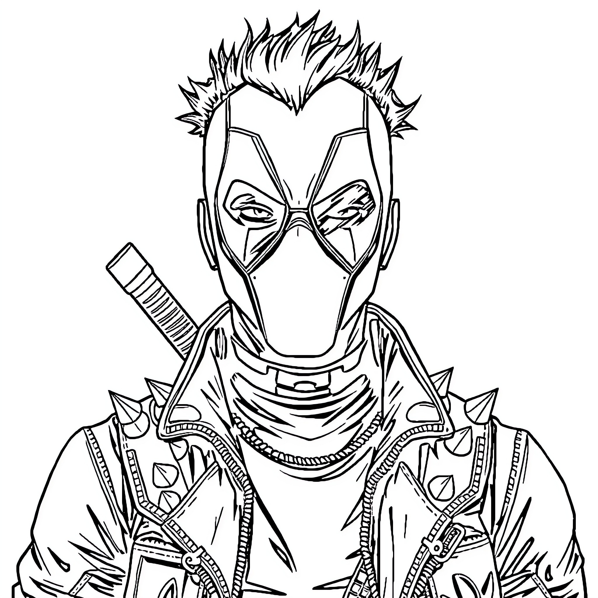 Deadpool in his signature action pose Coloring Page (free black-and-white line drawing printable PDF for all, from beginners to advanced learners, including children, teens, adults, and seniors)