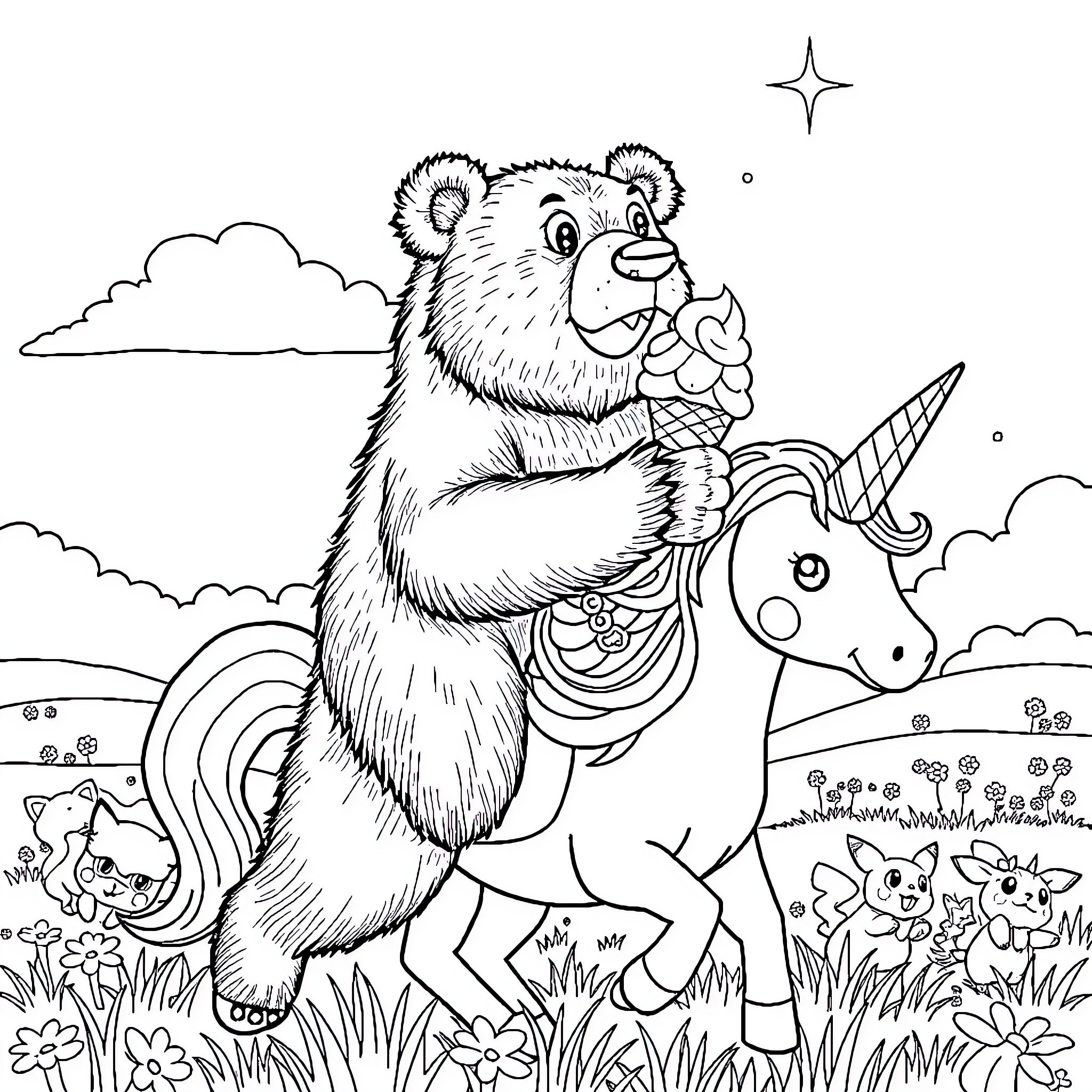 Bear riding a colorful unicorn in a whimsical landscape Coloring Page (free black-and-white line drawing printable PDF for all, from beginners to advanced learners, including children, teens, adults, and seniors)