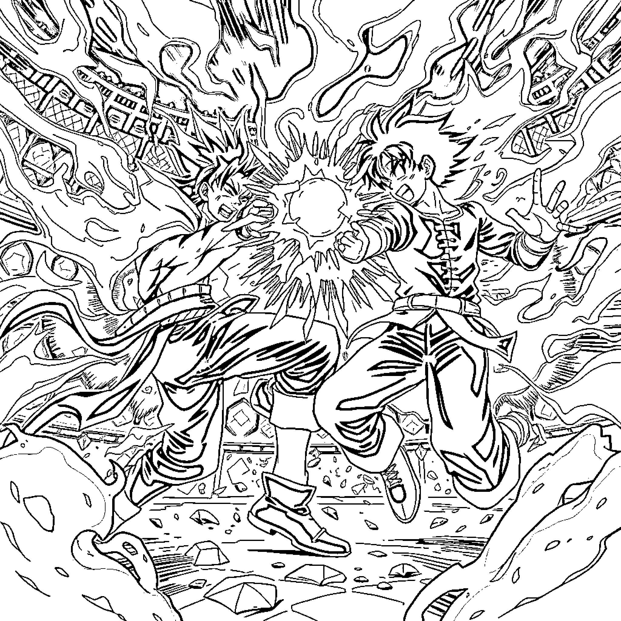 Todoroki and Midoriya in an intense battle scene Coloring Page (free black-and-white line drawing printable PDF for all, from beginners to advanced learners, including children, teens, adults, and seniors)