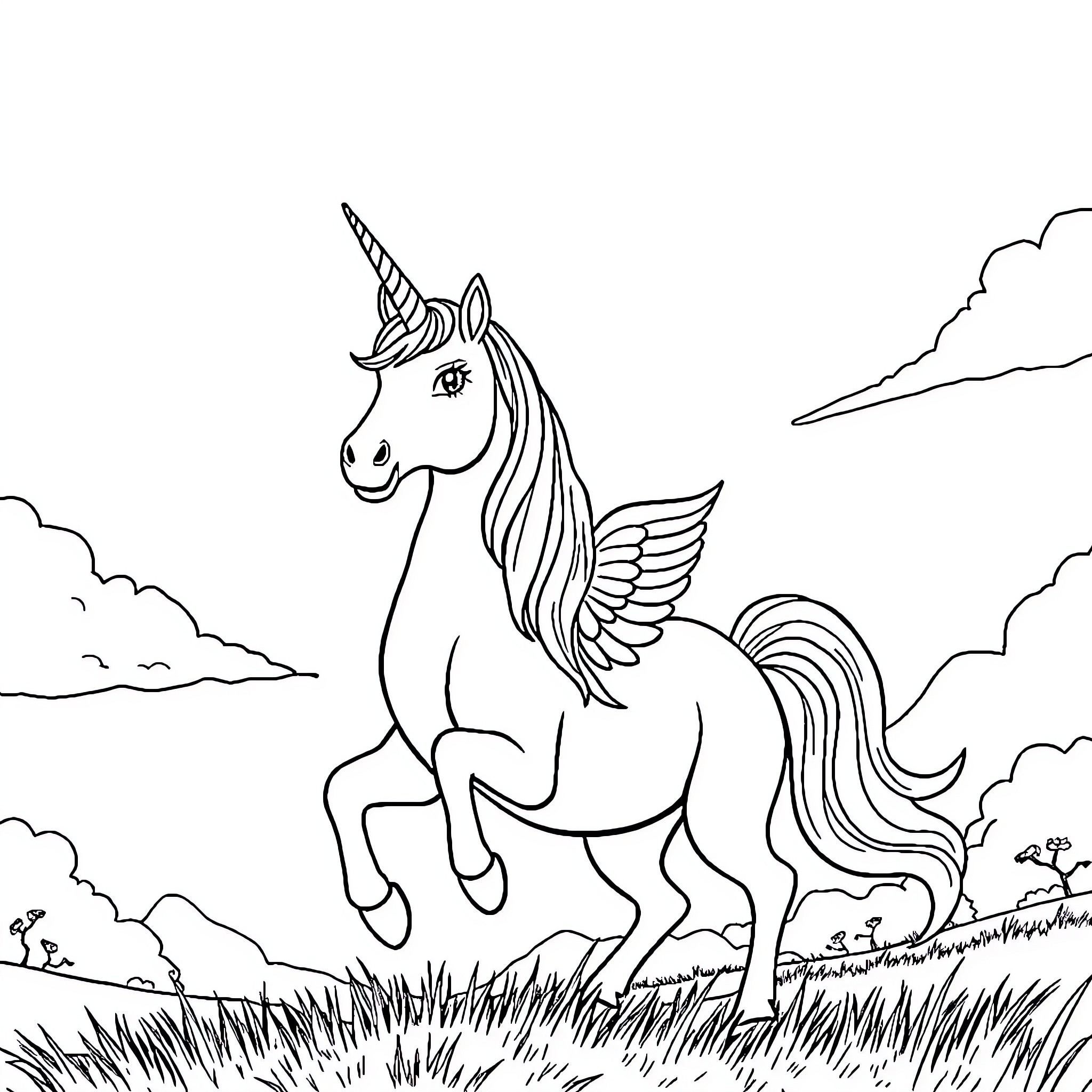 Unicorn soaring through the enchanted meadow Coloring Page (free black-and-white line drawing printable PDF for all, from beginners to advanced learners, including children, teens, adults, and seniors)