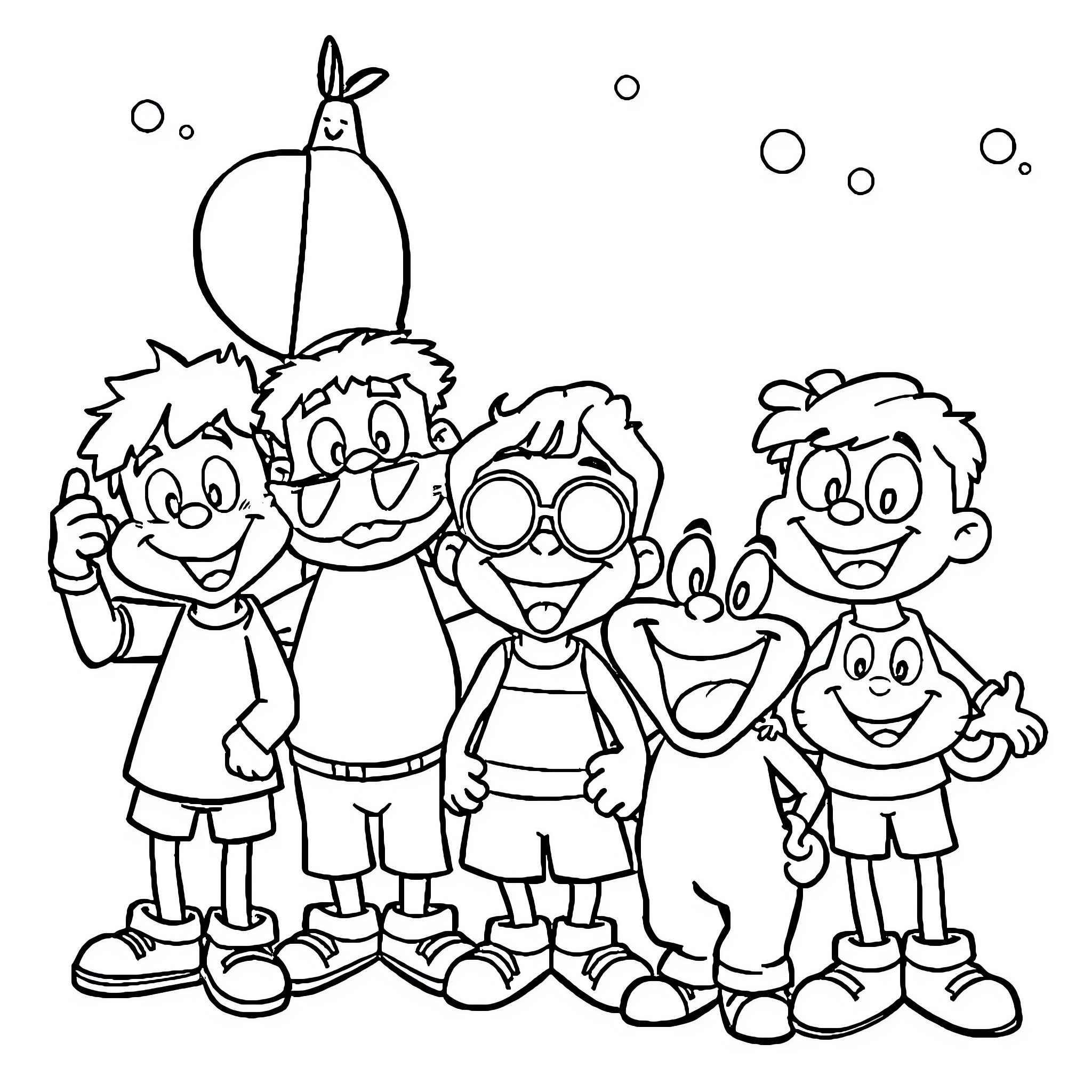 Cartoon Friends posing happily together Coloring Page (free black-and-white line drawing printable PDF for all, from beginners to advanced learners, including children, teens, adults, and seniors)