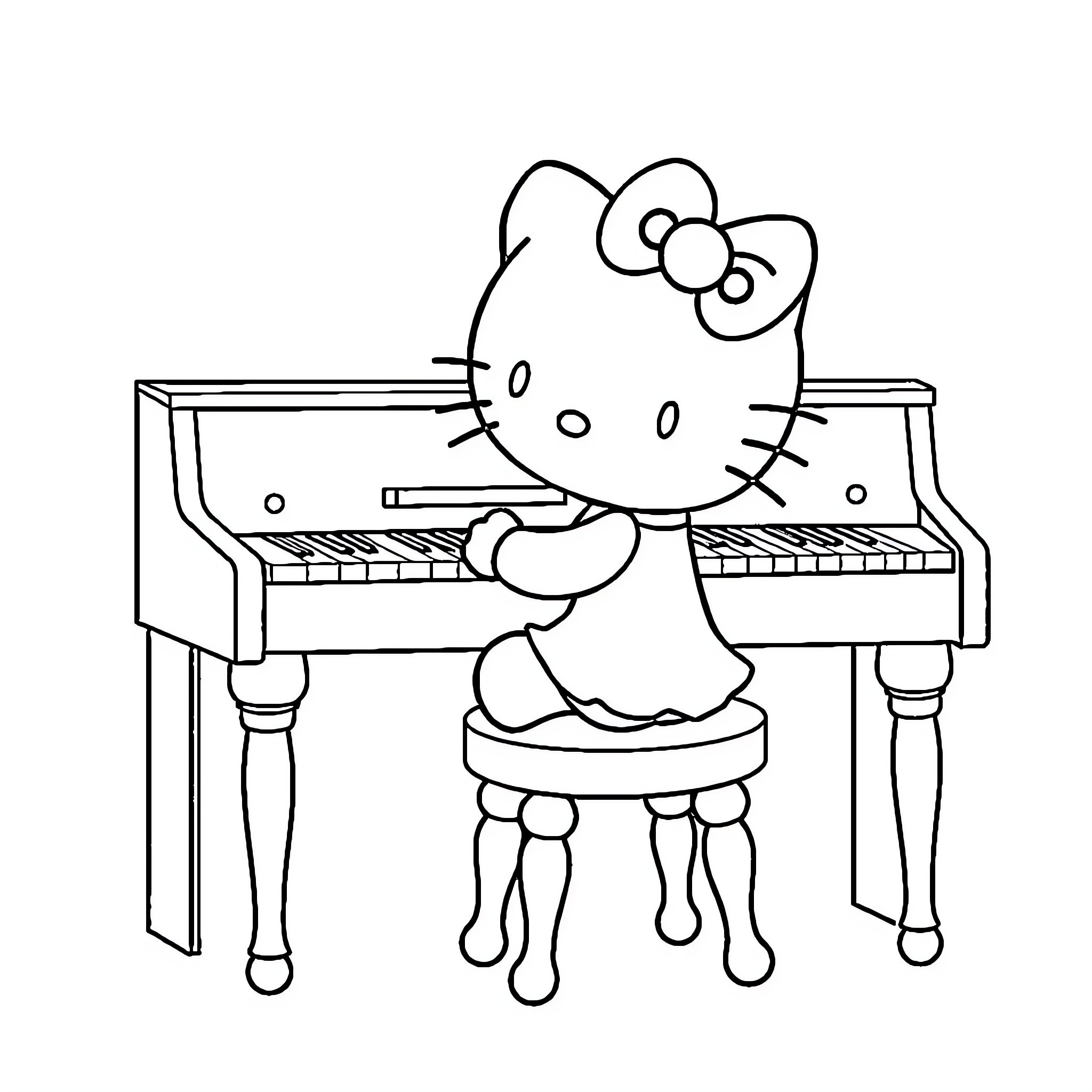Hello Kitty playing the piano Coloring Page (free black-and-white line drawing printable PDF for all, from beginners to advanced learners, including children, teens, adults, and seniors)