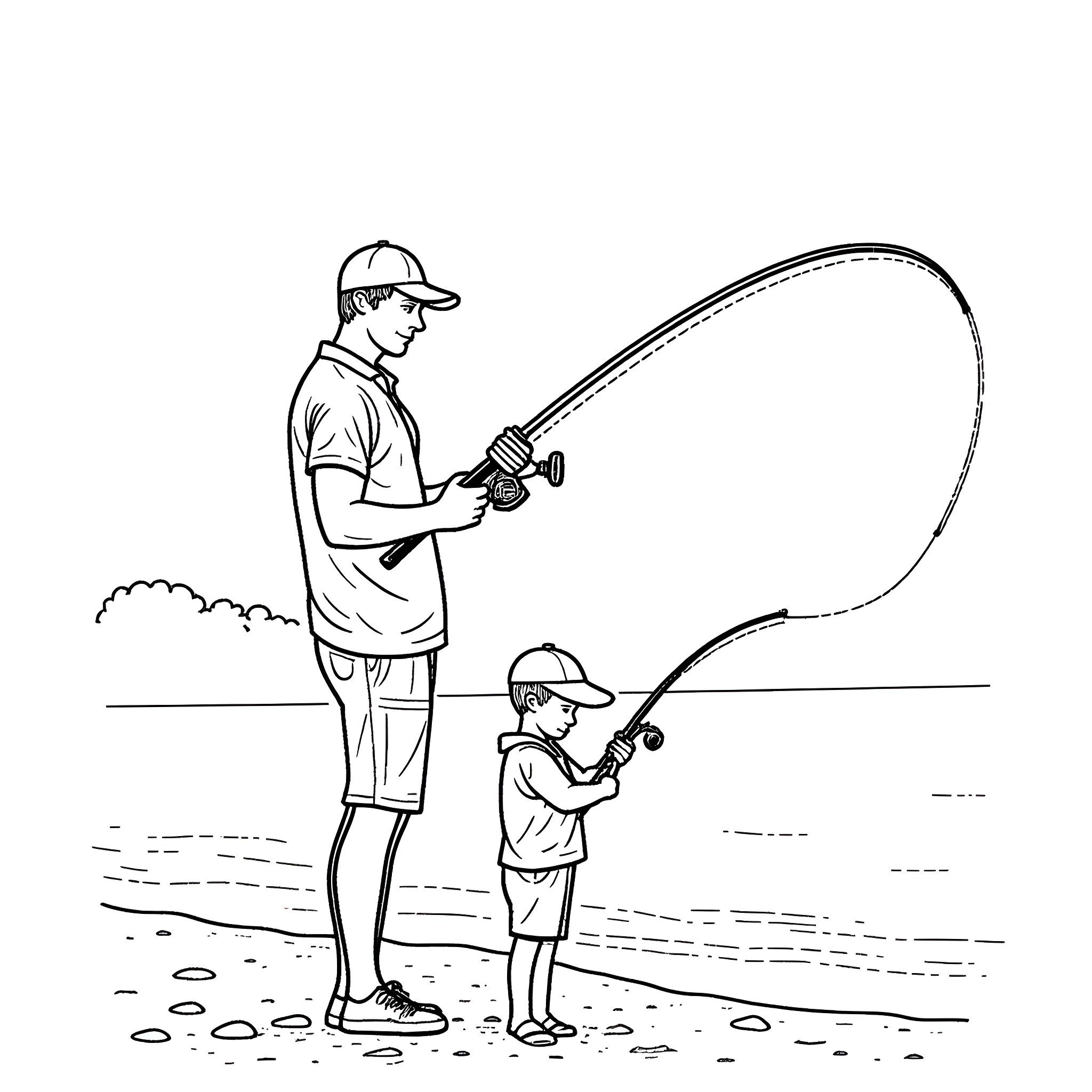 Fishing with father and son in scenic outdoors Coloring Page (free black-and-white line drawing printable PDF for all, from beginners to advanced learners, including children, teens, adults, and seniors)