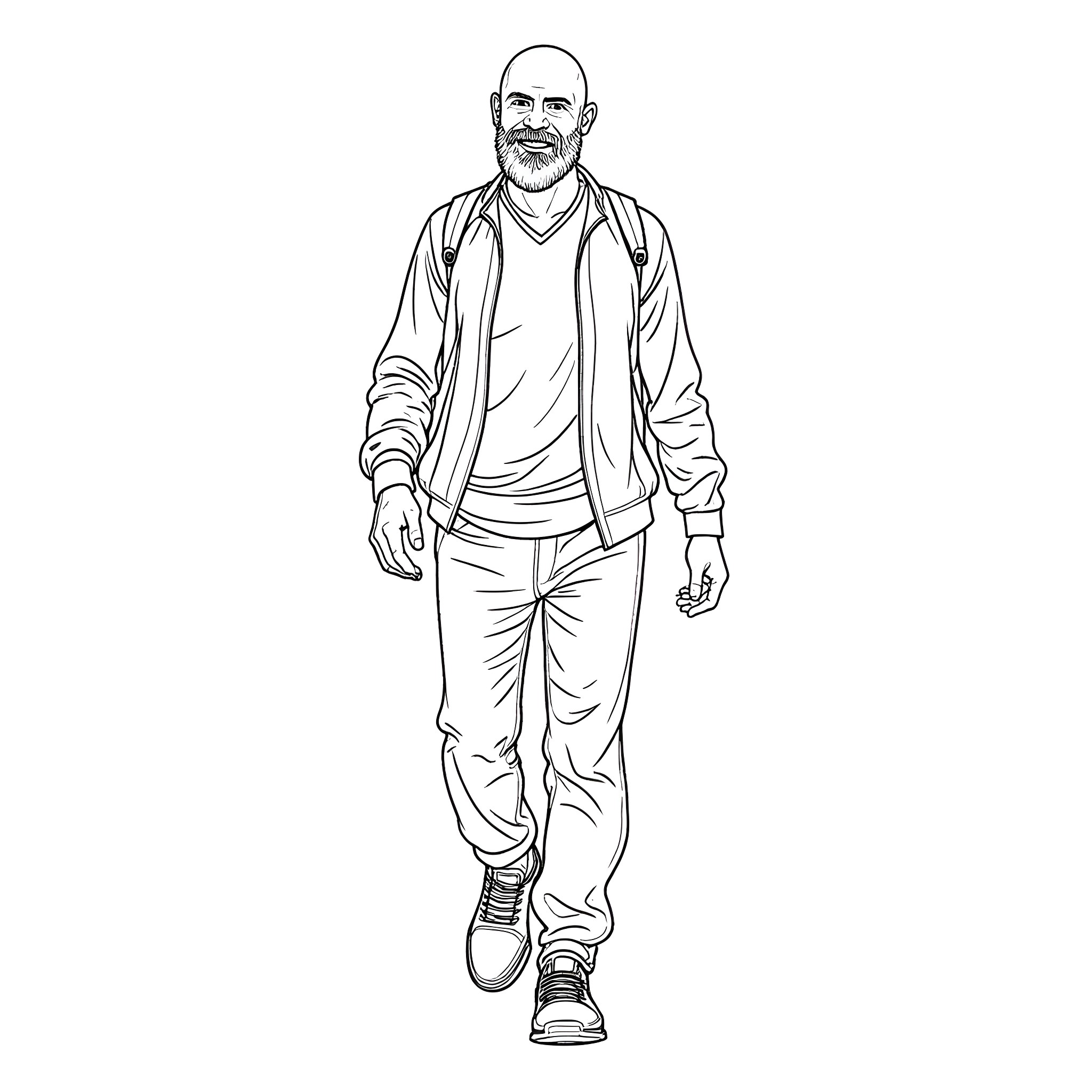 Man walking confidently in casual attire Coloring Page (free black-and-white line drawing printable PDF for all, from beginners to advanced learners, including children, teens, adults, and seniors)
