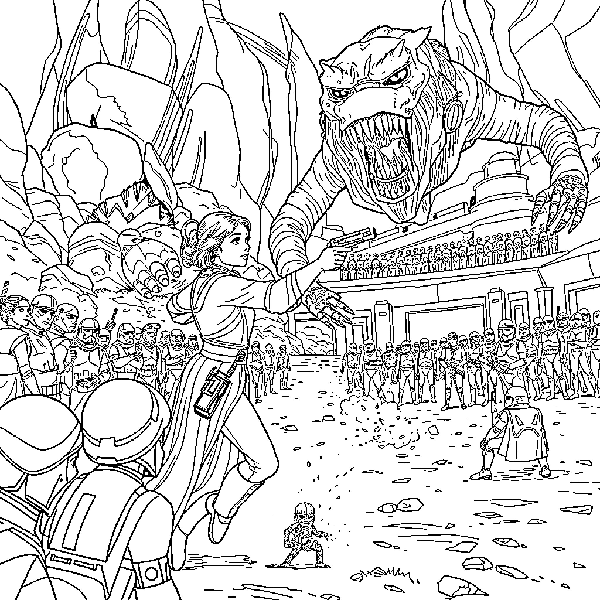 Padme faces a fearsome creature in an epic battle scene Coloring Page (free black-and-white line drawing printable PDF for all, from beginners to advanced learners, including children, teens, adults, and seniors)