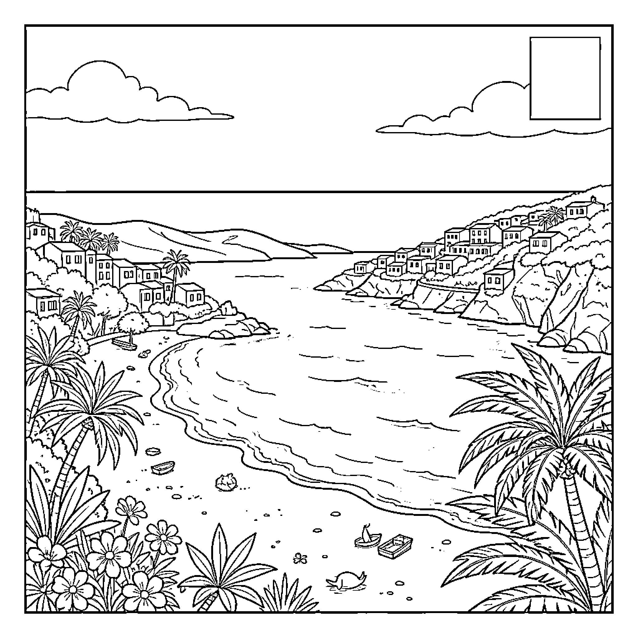 Postcard of a Coastal Seaside Town Coloring Page (free black-and-white line drawing printable PDF for all, from beginners to advanced learners, including children, teens, adults, and seniors)